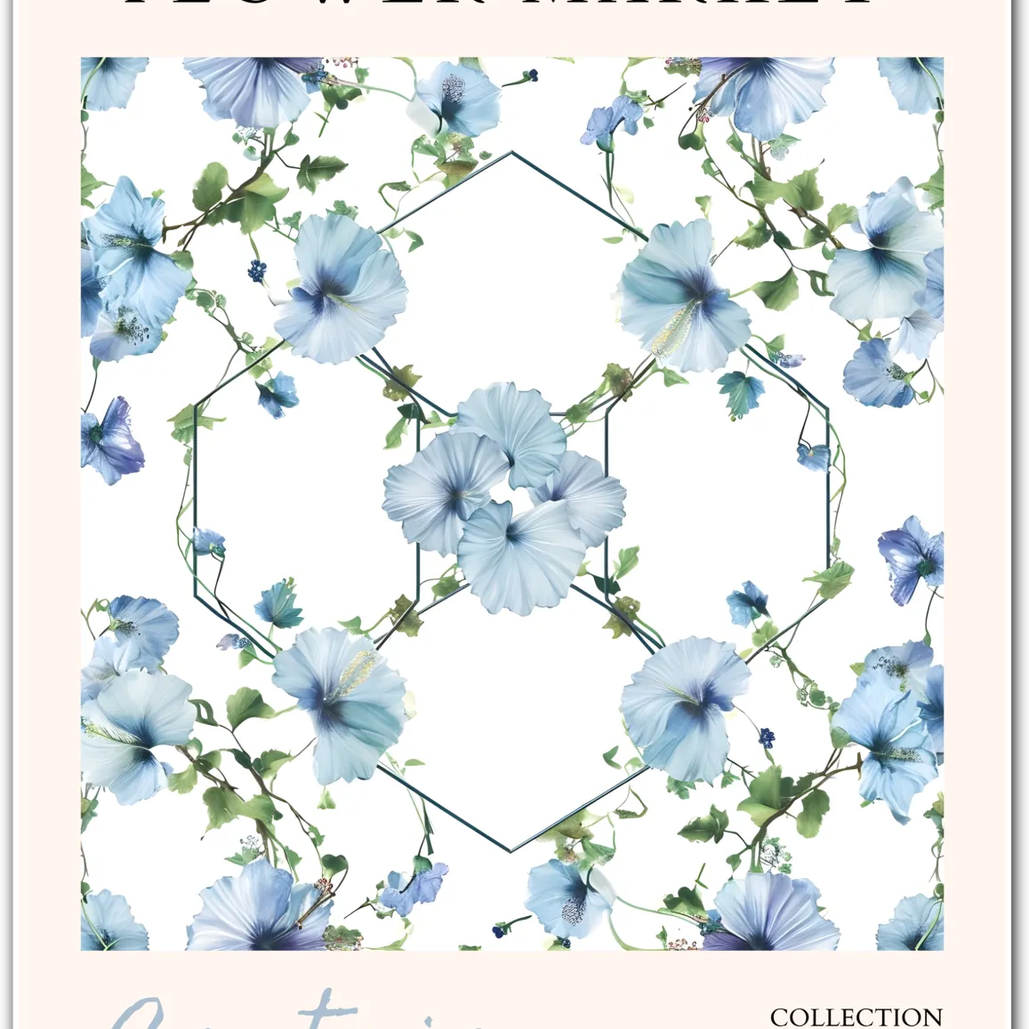 Castries Blue Hibiscus Print – Tropical Floral Geometry with Soft Greens