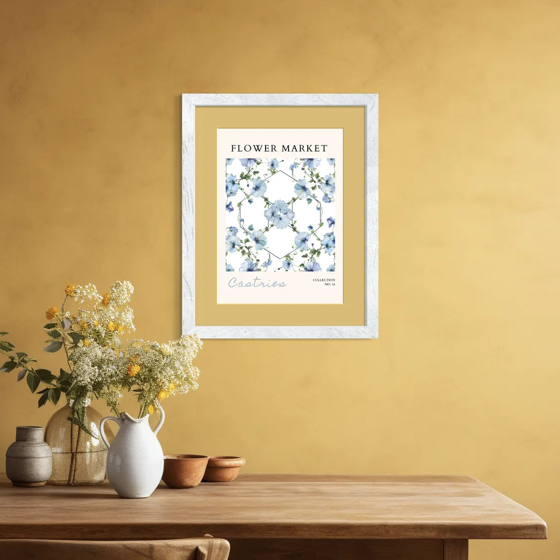 Castries Blue Hibiscus Print – Tropical Floral Geometry with Soft Greens