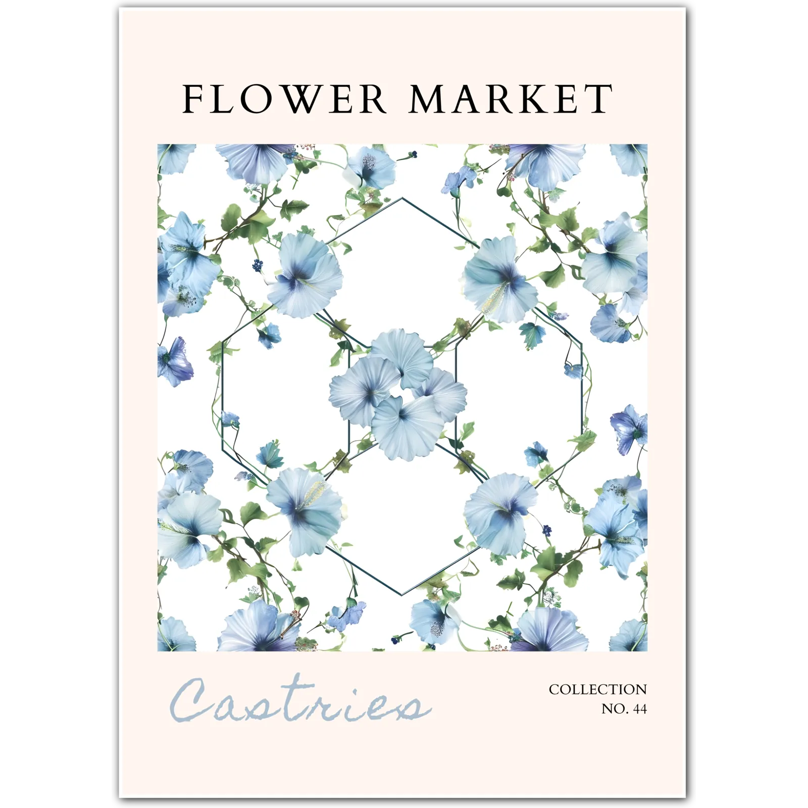 Castries Blue Hibiscus Print – Tropical Floral Geometry with Soft Greens