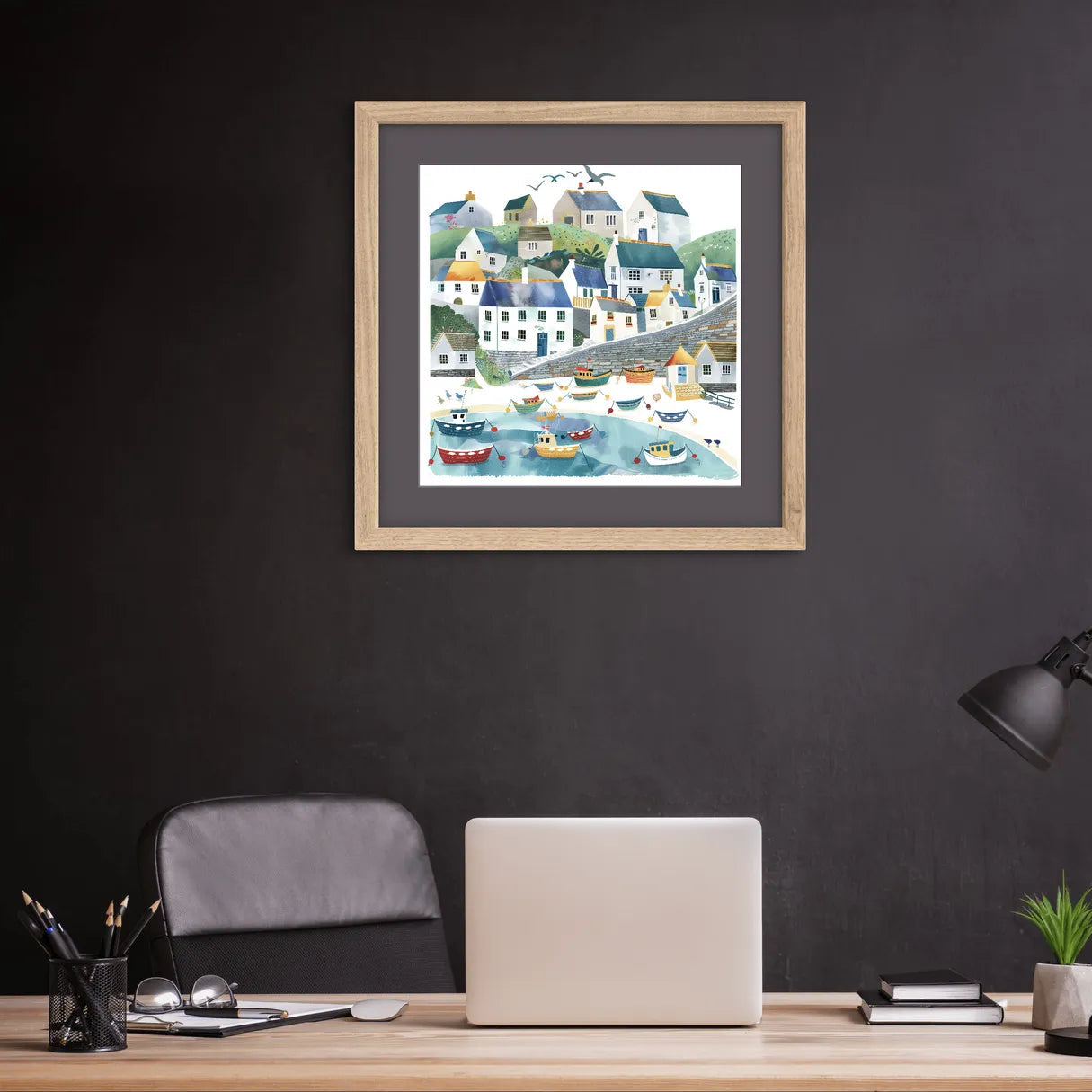 Colourful art print of a coastal village with boats in a harbour and houses on hills.