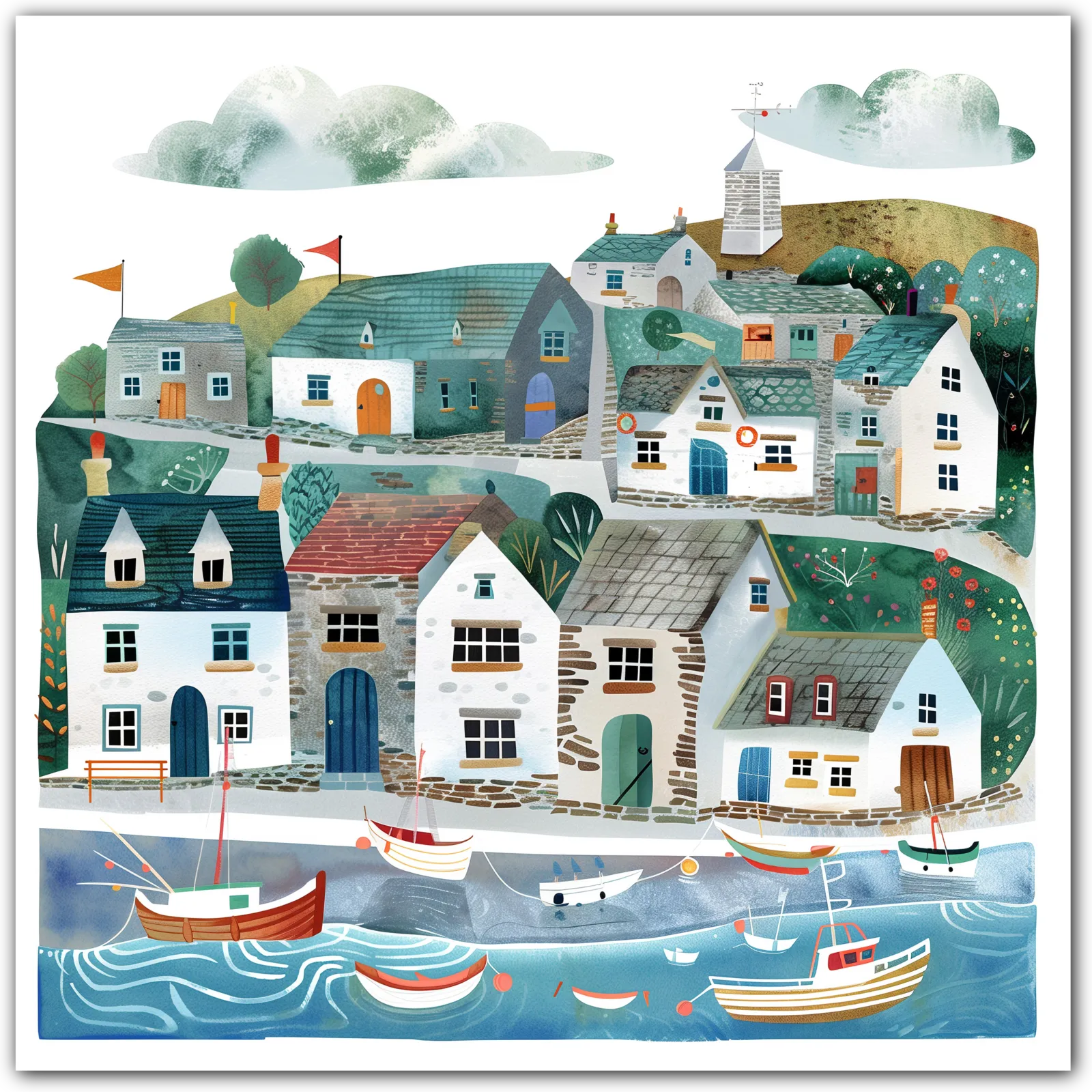 Art print of a coastal village with cottages and boats in a harbour, in earthy and blue tones.