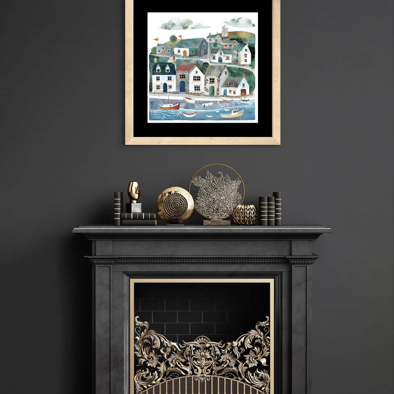 Art print of a coastal village with cottages and boats in a harbour, in earthy and blue tones.
