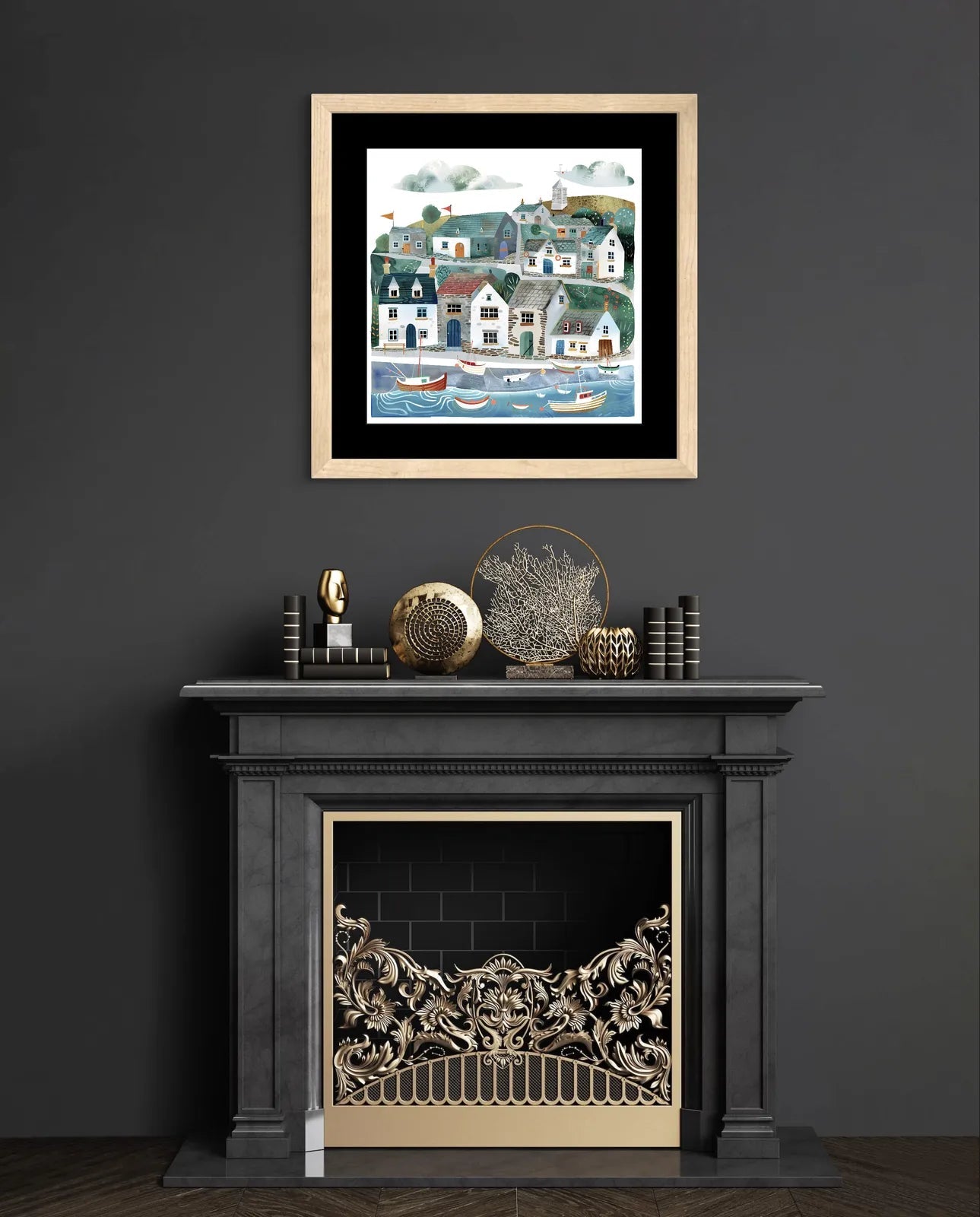 Art print of a coastal village with cottages and boats in a harbour, in earthy and blue tones.