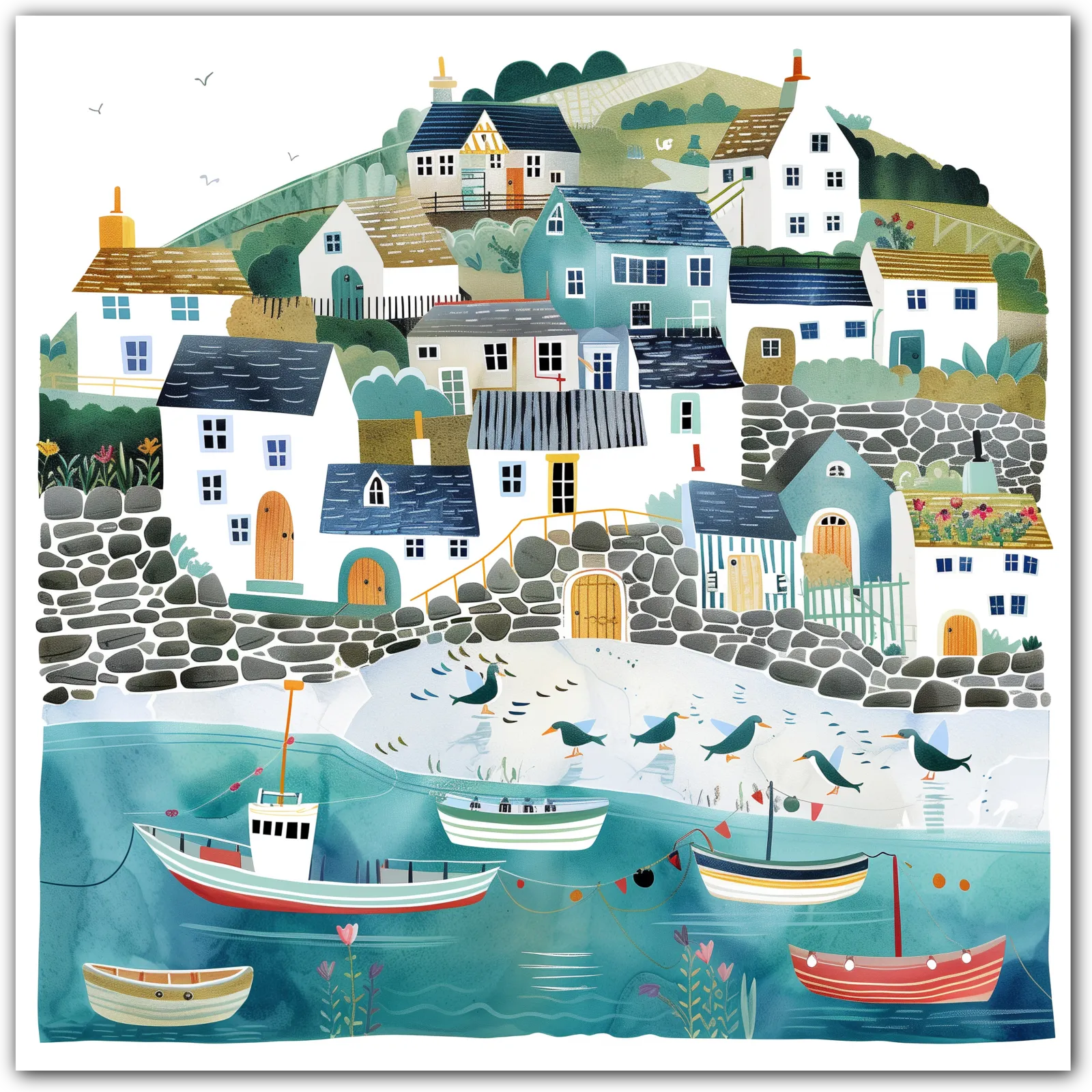 Artwork of a coastal village with houses, boats on water, and flying birds.