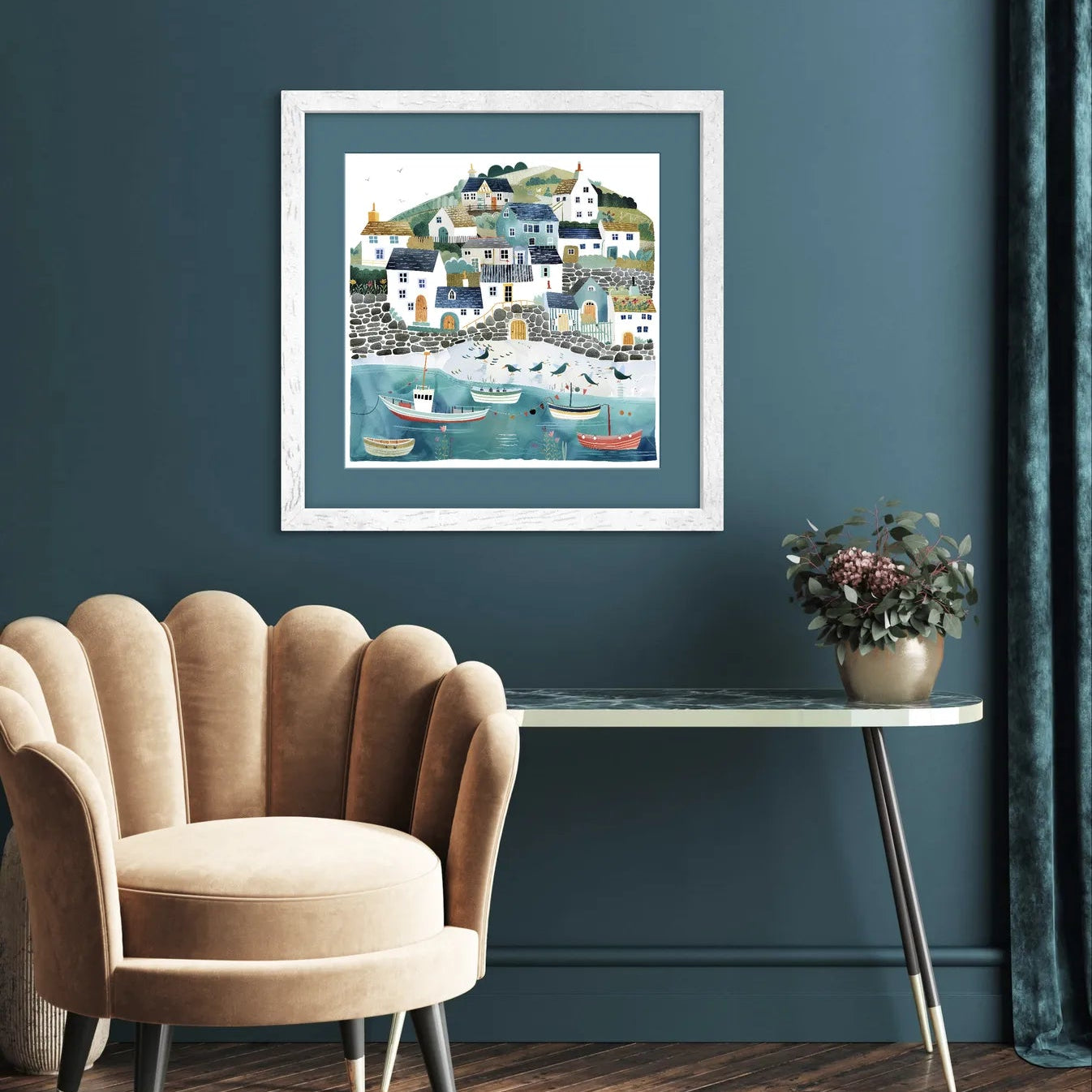 Artwork of a coastal village with houses, boats on water, and flying birds.