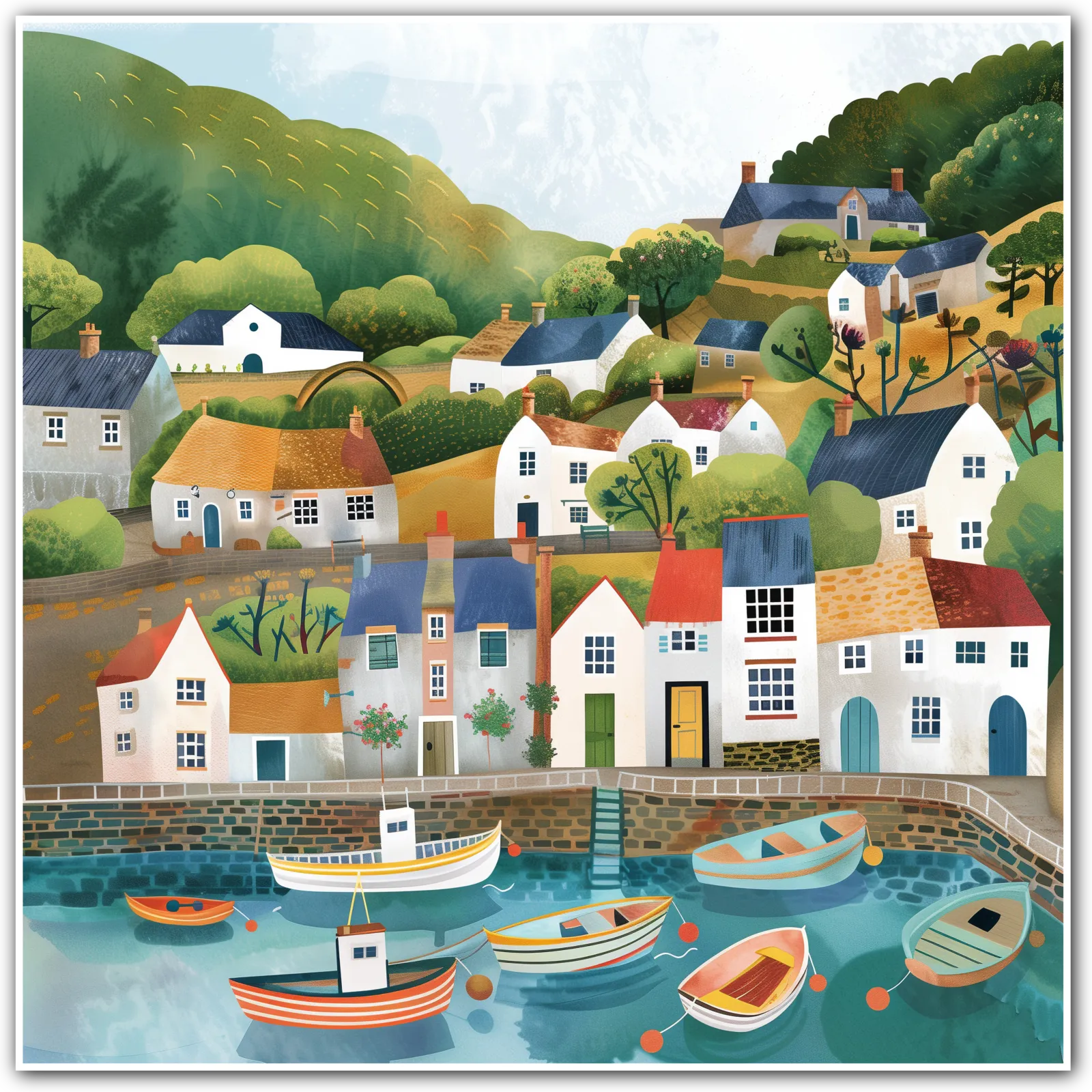 Illustration of a coastal village with colourful houses and boats in a harbour.