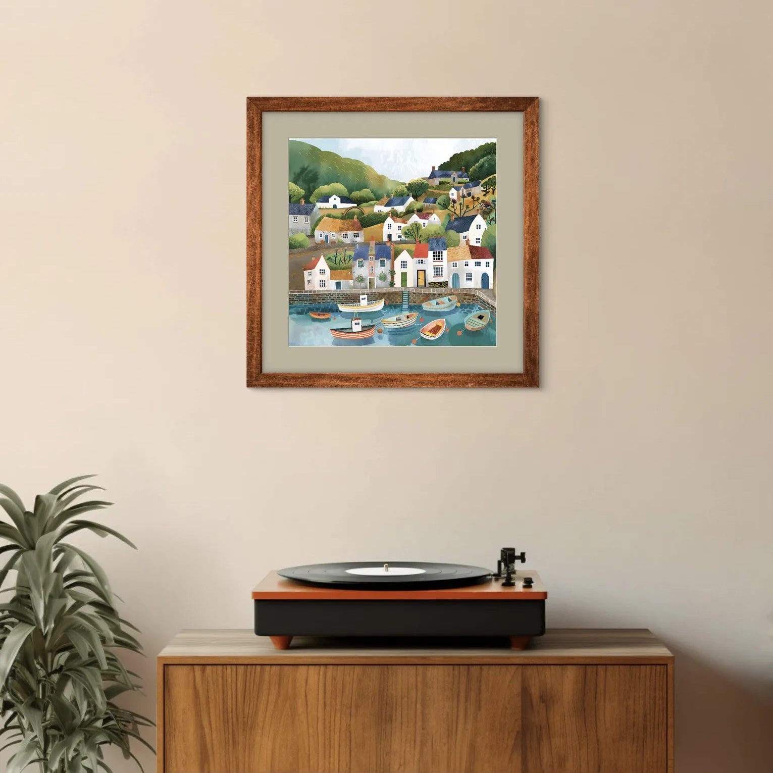 Illustration of a coastal village with colourful houses and boats in a harbour.