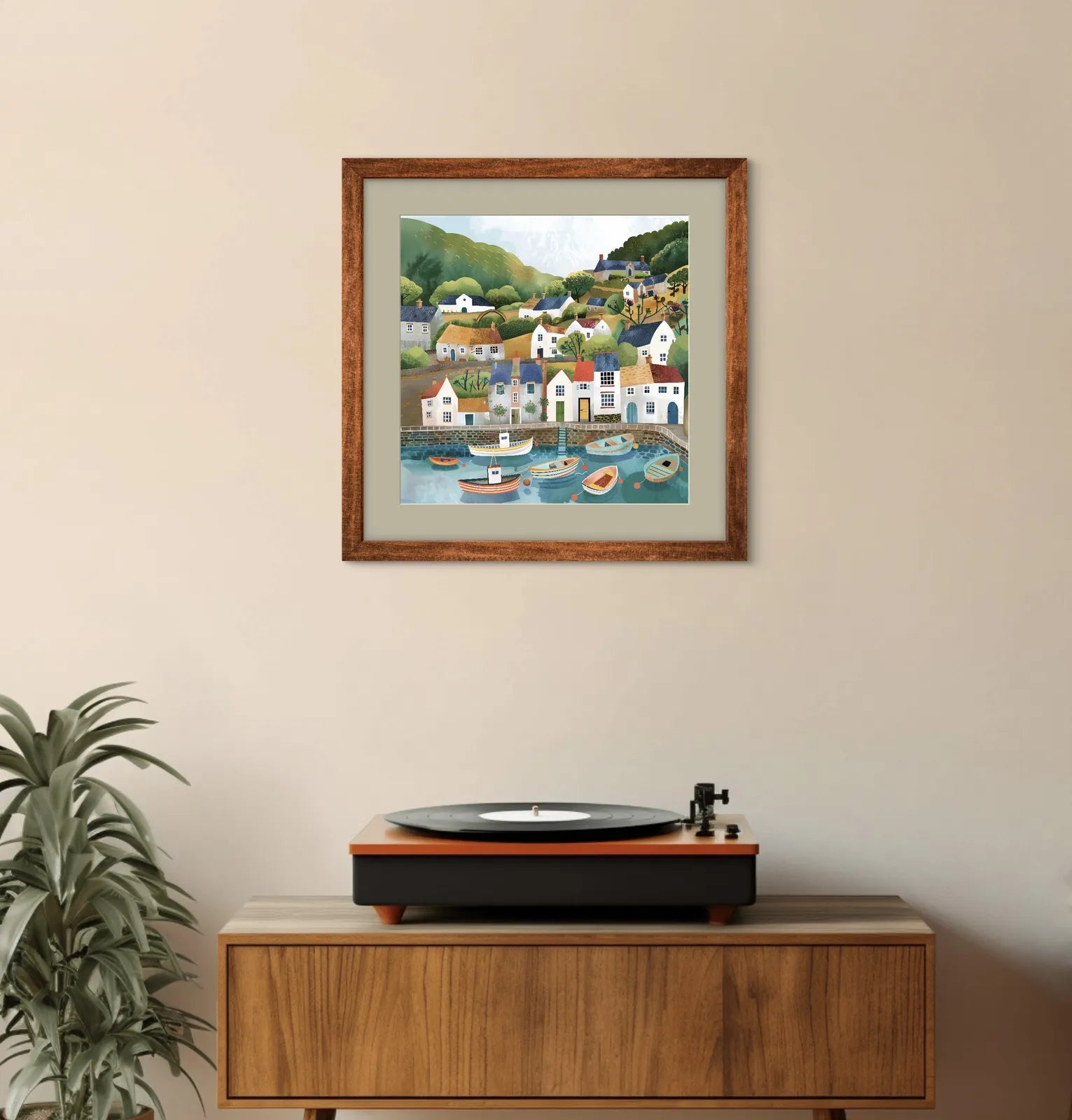 Illustration of a coastal village with colourful houses and boats in a harbour.