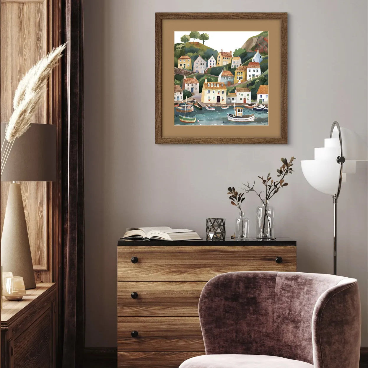 Illustration of a coastal village with houses and boats in a harbour.