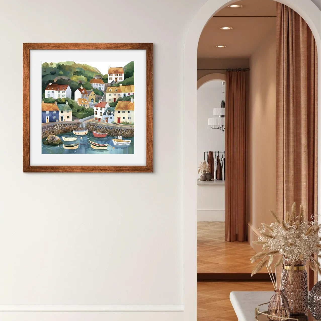 Illustration of a coastal village with colourful houses and boats in a harbour.