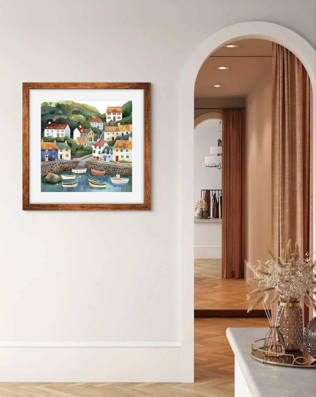 Illustration of a coastal village with colourful houses and boats in a harbour.