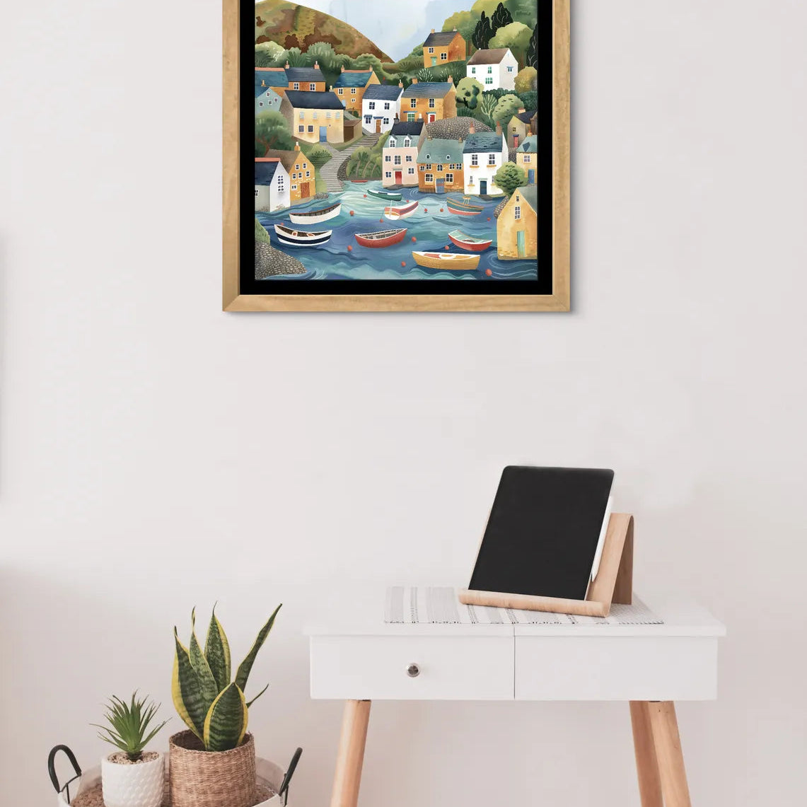 Colourful illustration of a coastal village with boats in the water and cottages on a hillside.