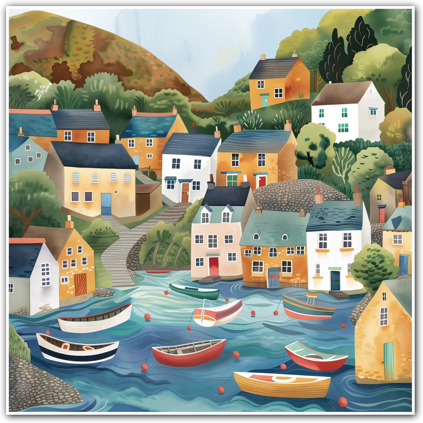 Colourful illustration of a coastal village with boats in the water and cottages on a hillside.