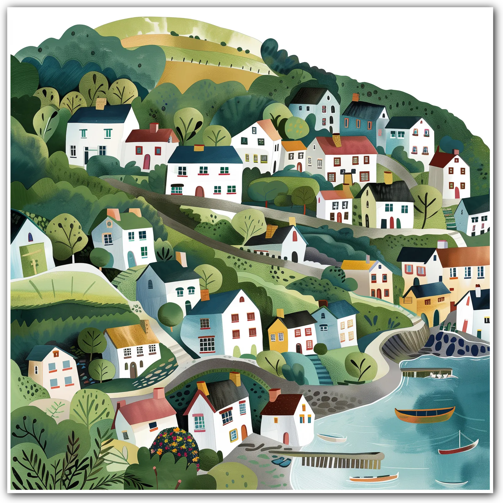 Colourful illustration of a coastal village on green hills with trees and boats.