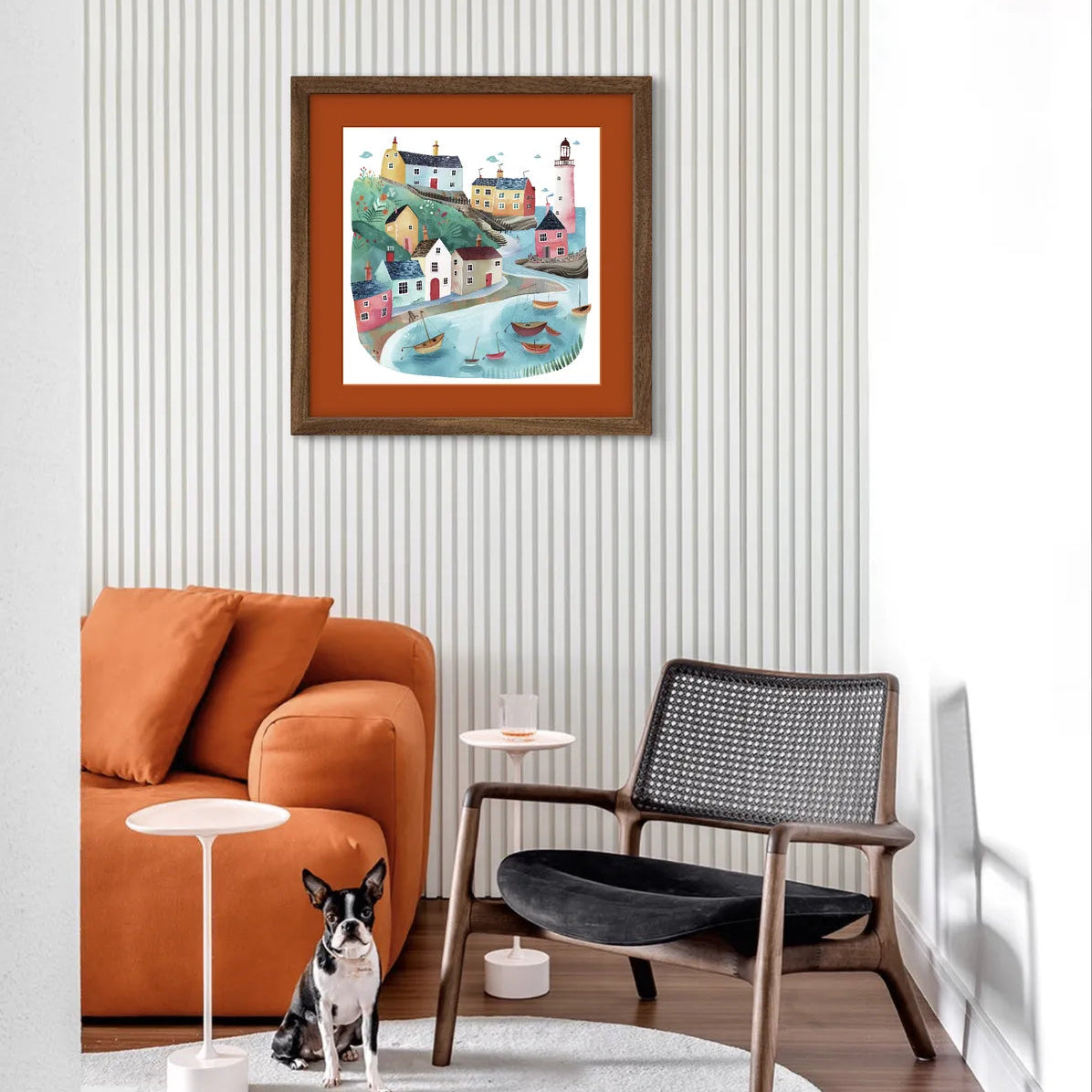 Illustrative art of a coastal village with cottages, a lighthouse, and boats.