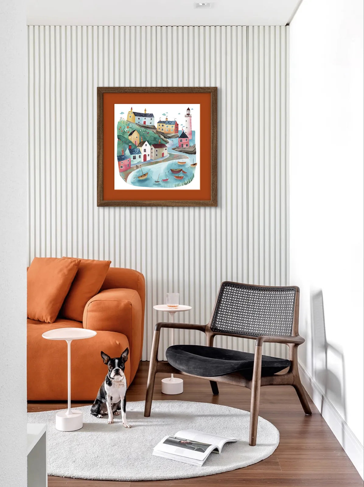 Illustrative art of a coastal village with cottages, a lighthouse, and boats.