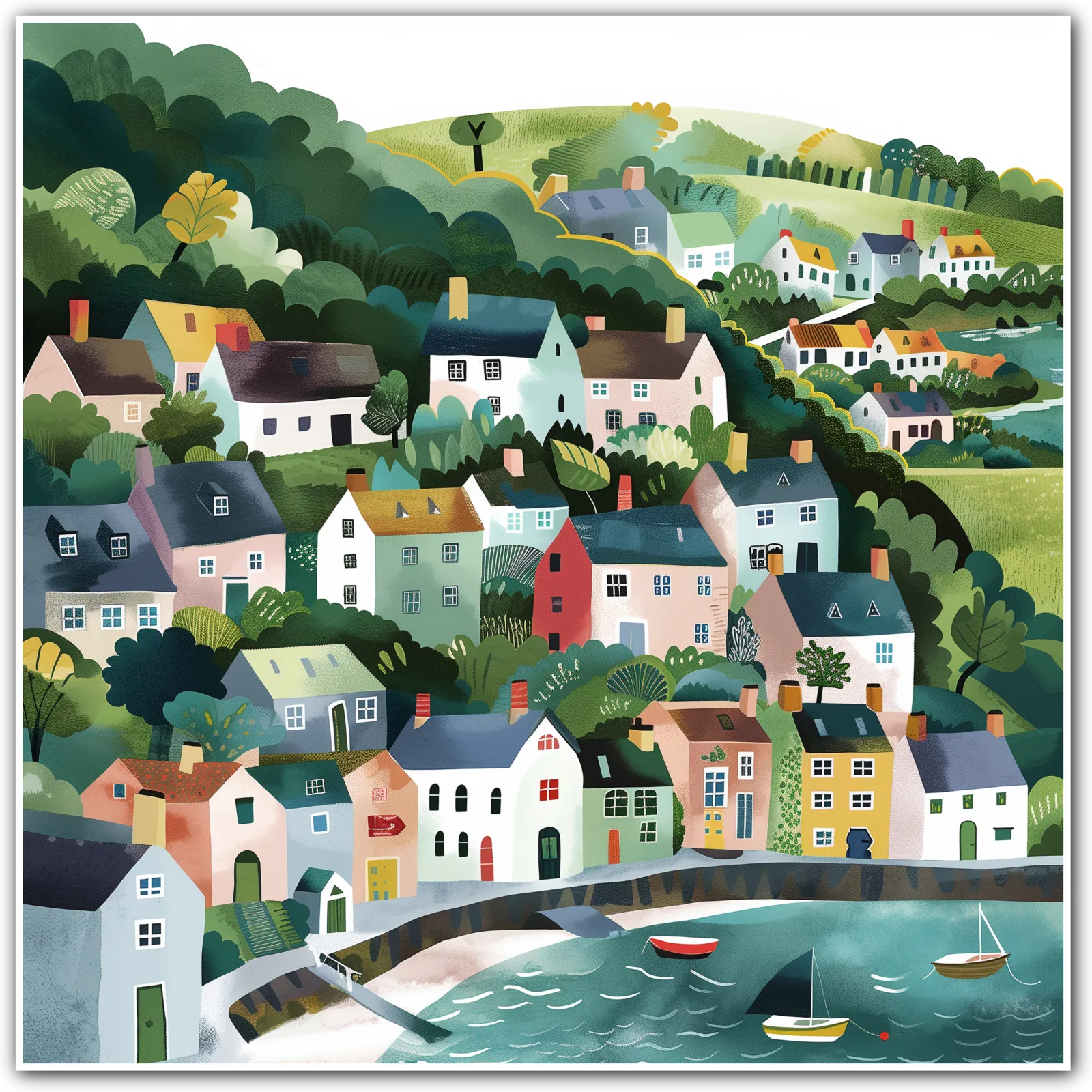 Colourful coastal village on hills with houses and boats.
