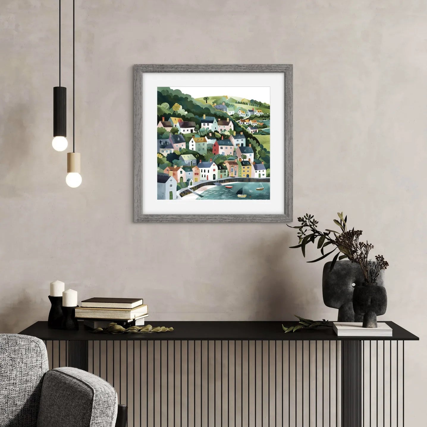 Colourful coastal village on hills with houses and boats.