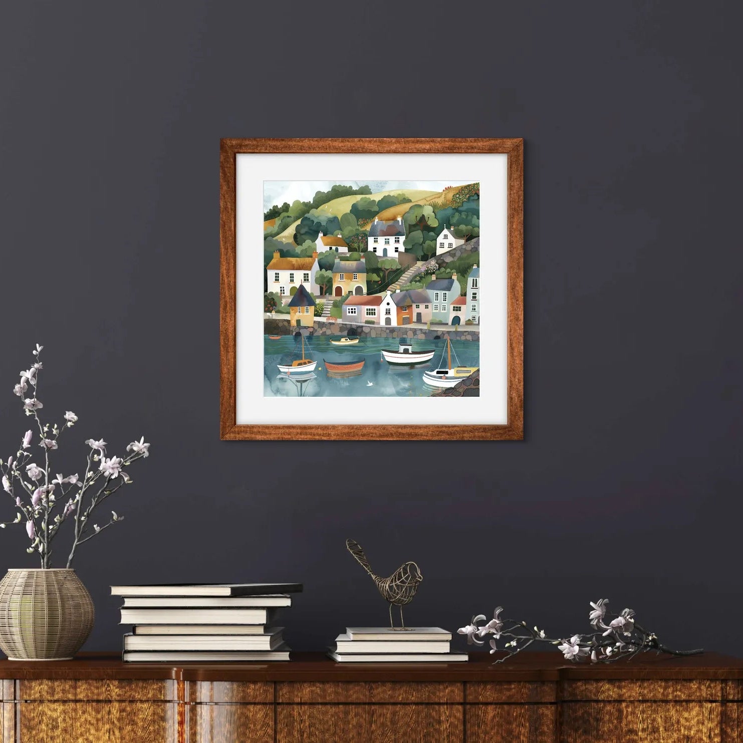 Charming coastal village with cottages, boats, and rolling hills in vibrant colours.