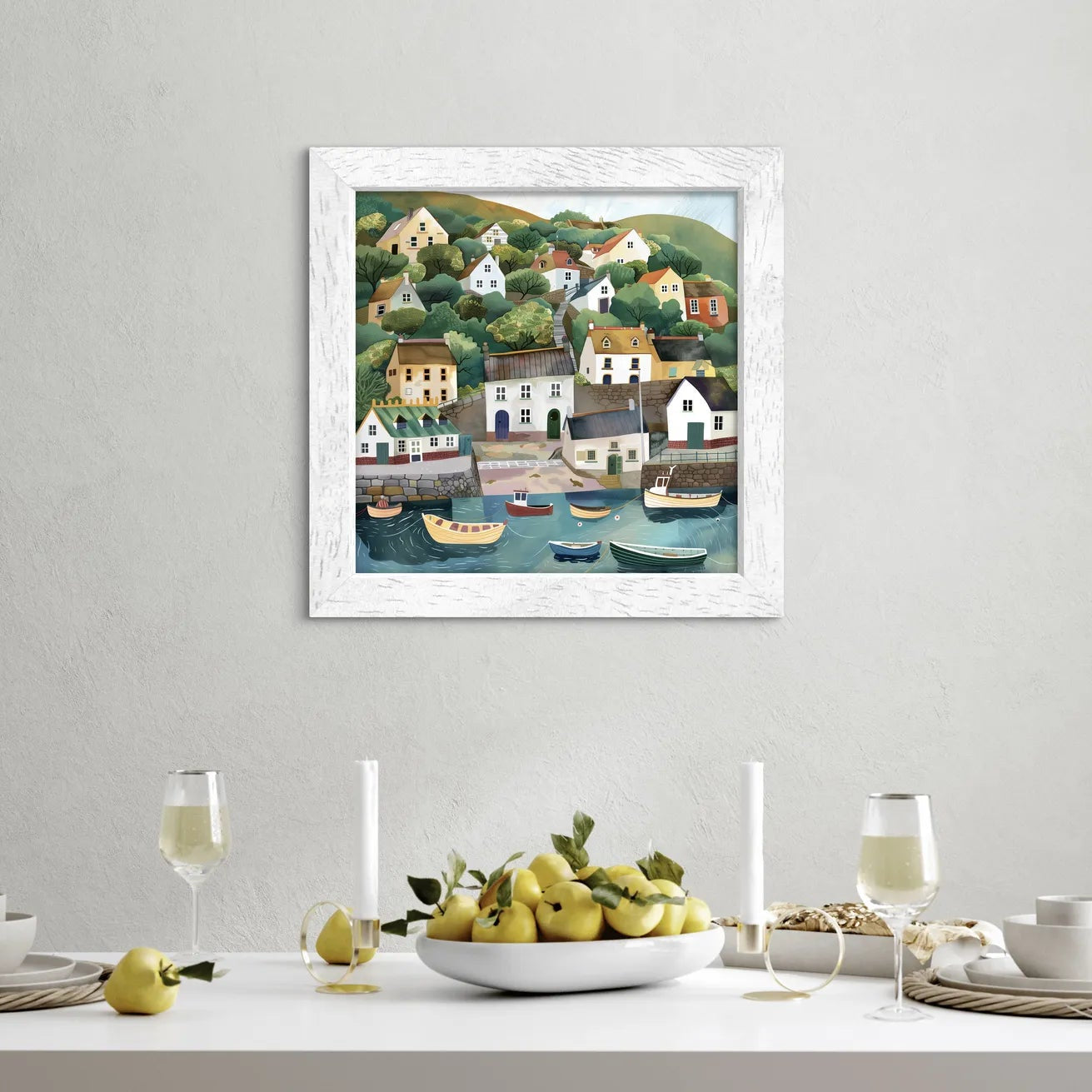 Artwork of a coastal village with colourful houses on a hill and boats in the harbour.