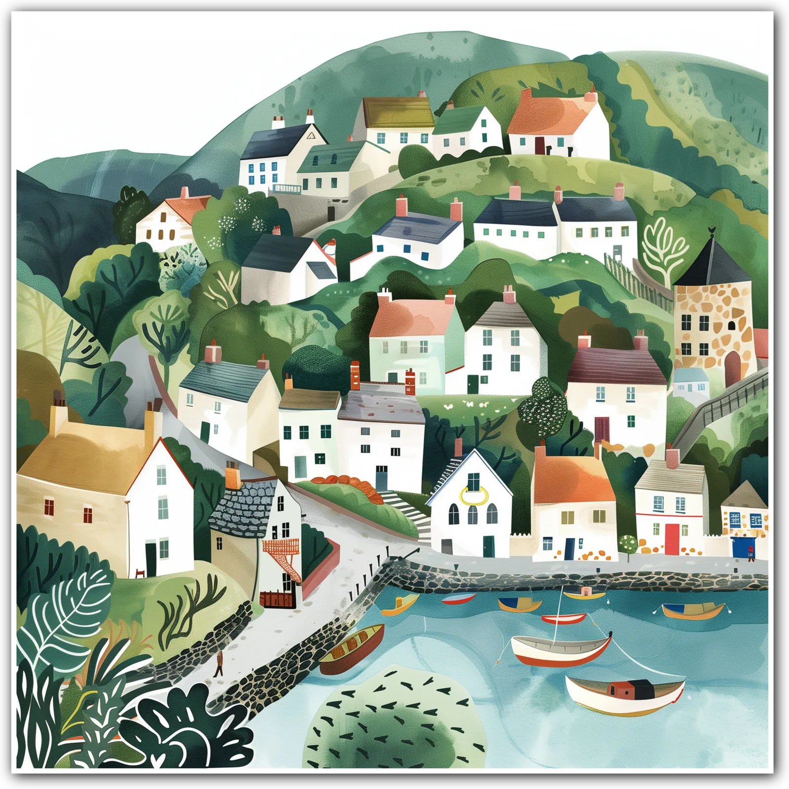 Art print depicting a charming coastal village with houses, hills, and boats in a harbour.