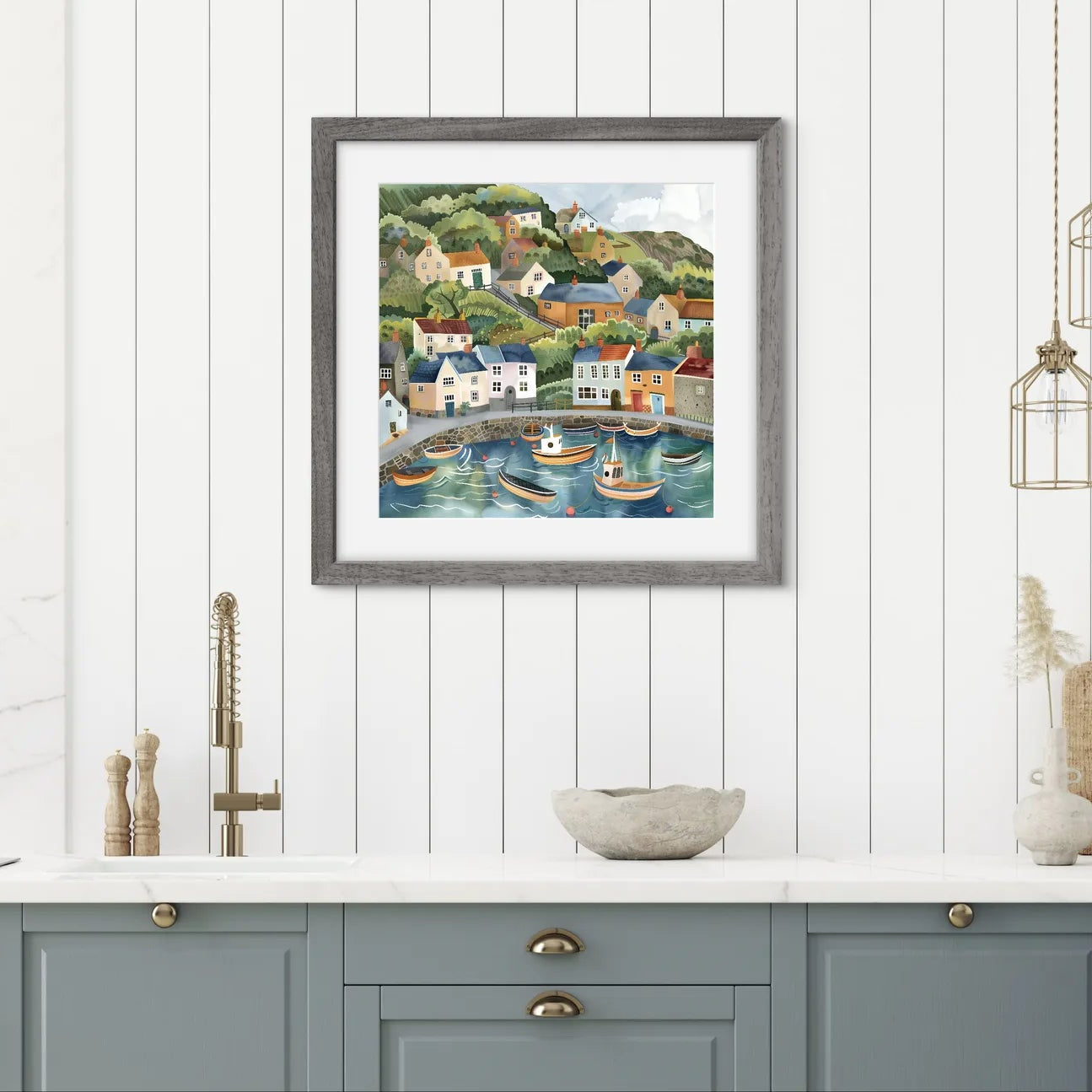 Art print of a colourful coastal village with houses and boats in a harbour.