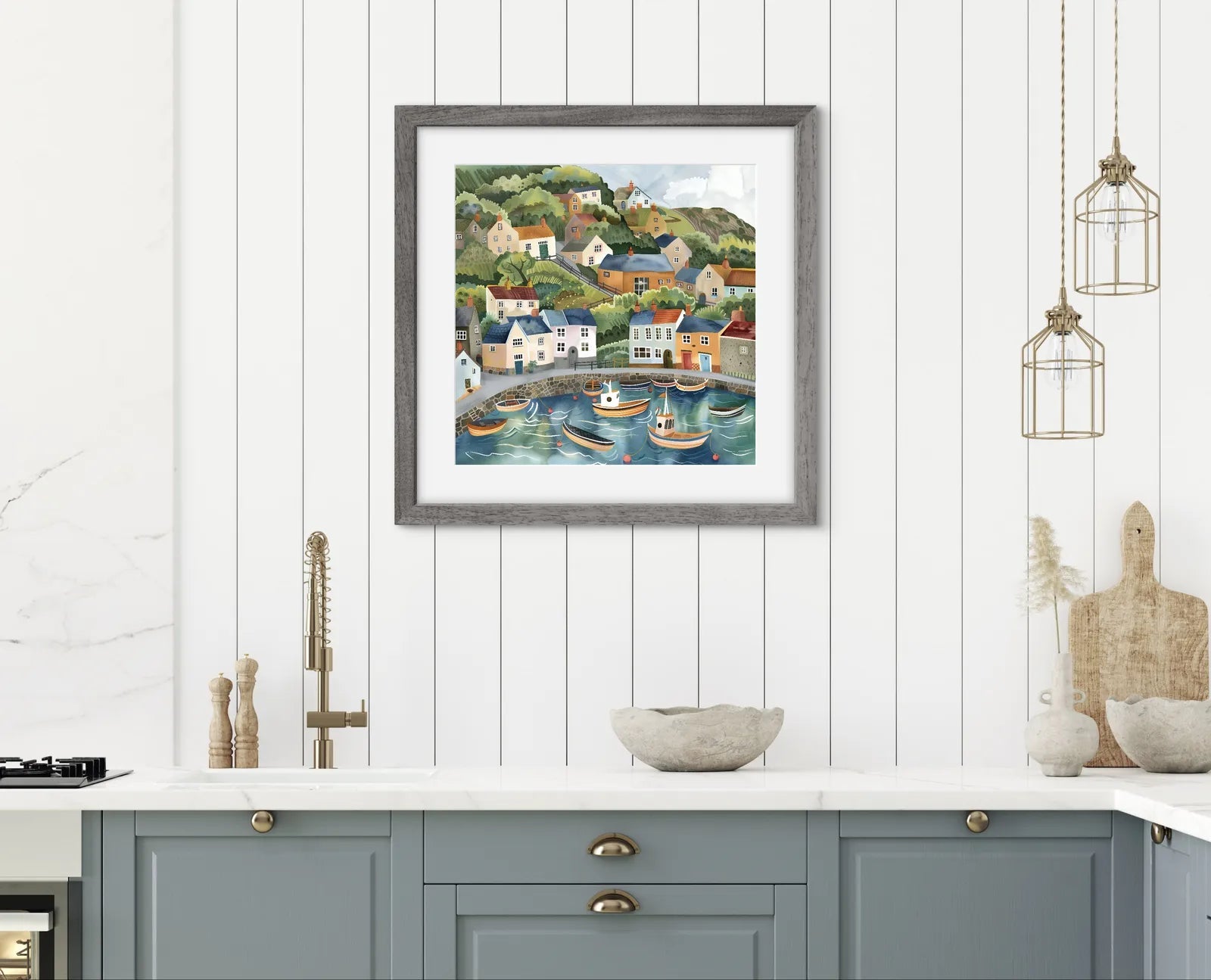 Art print of a colourful coastal village with houses and boats in a harbour.