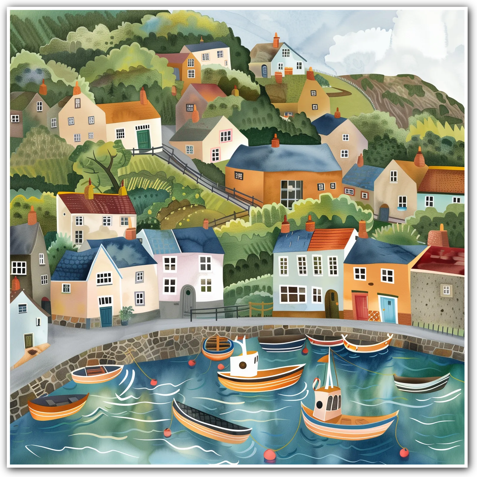 Art print of a colourful coastal village with houses and boats in a harbour.