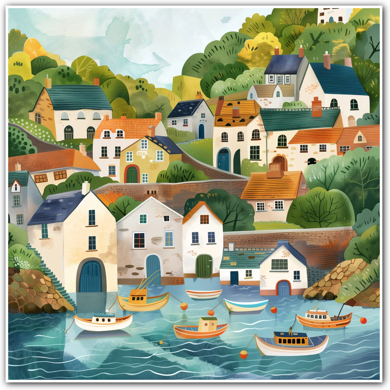 Art print of a coastal village with houses on a hillside and boats in the harbour.