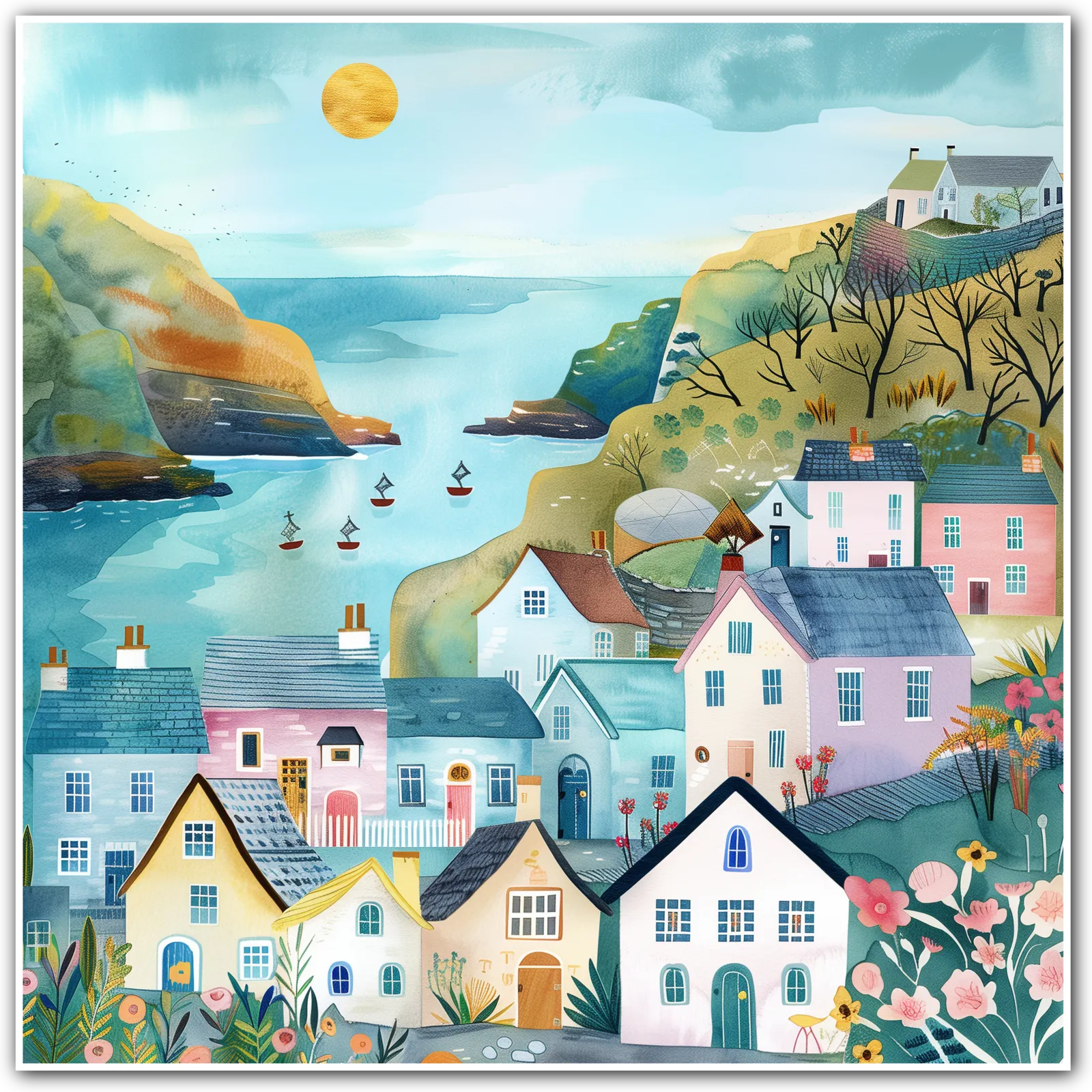 A vibrant coastal village scene with colourful houses and a scenic harbour.