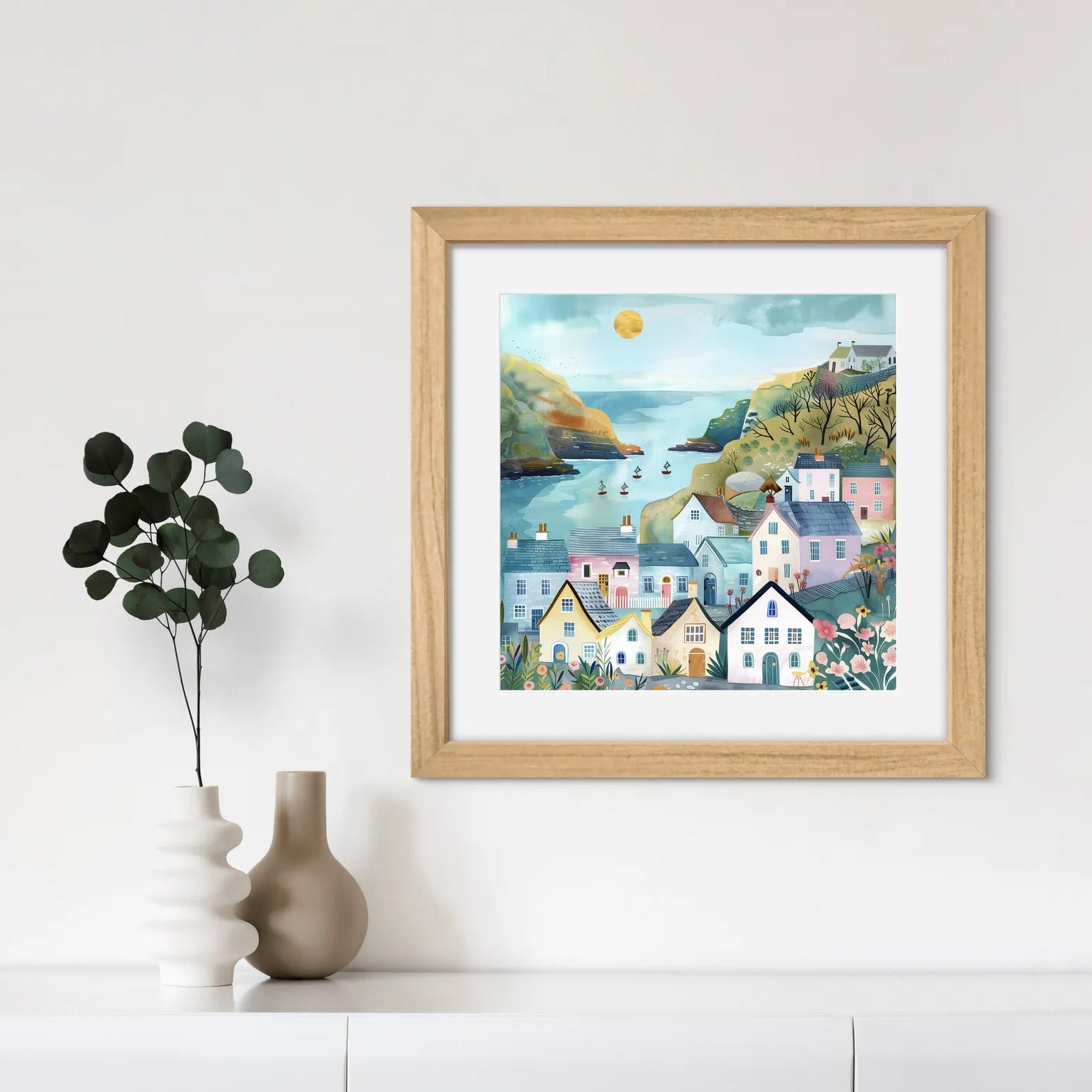 A vibrant coastal village scene with colourful houses and a scenic harbour.