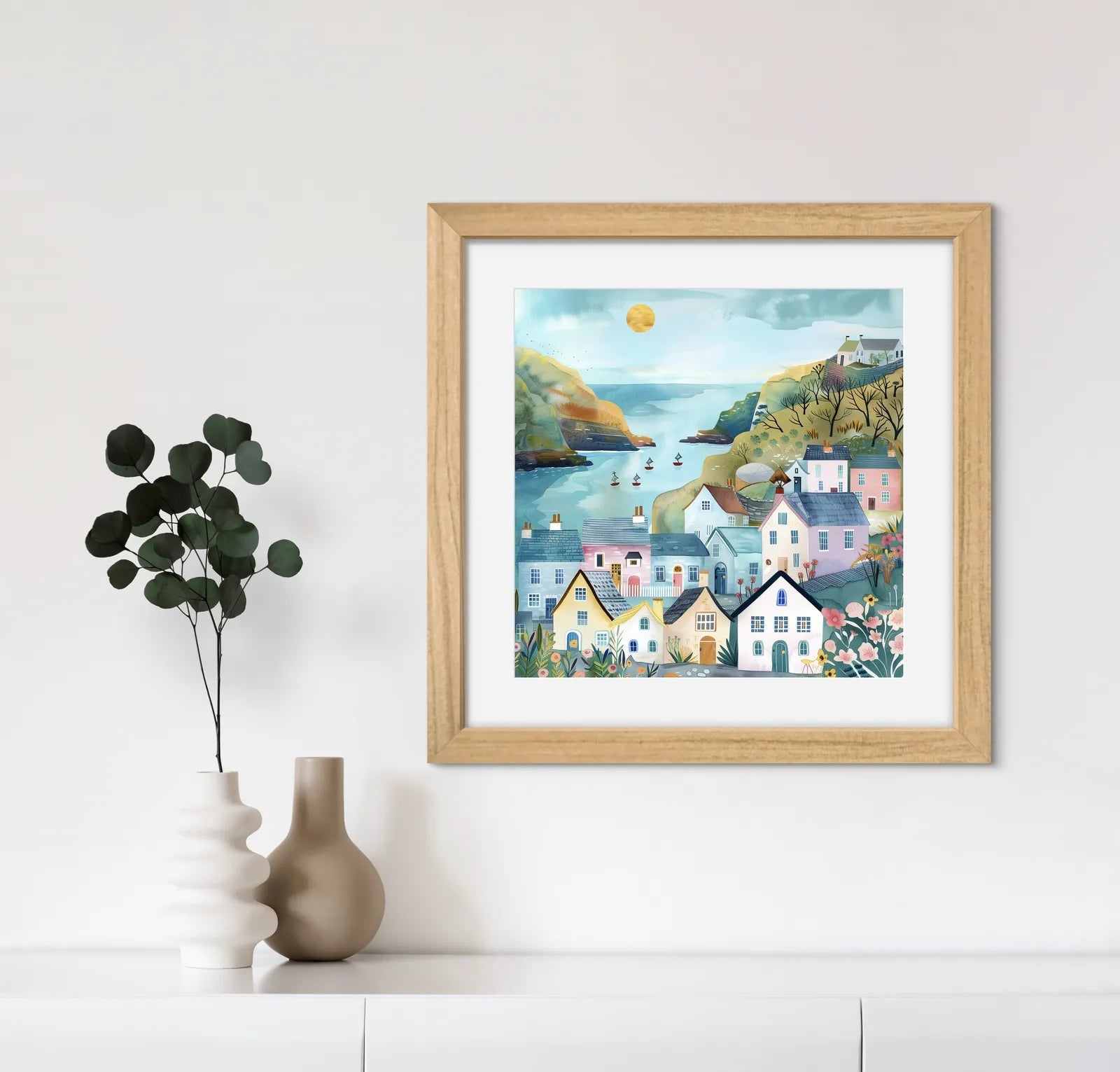 A vibrant coastal village scene with colourful houses and a scenic harbour.