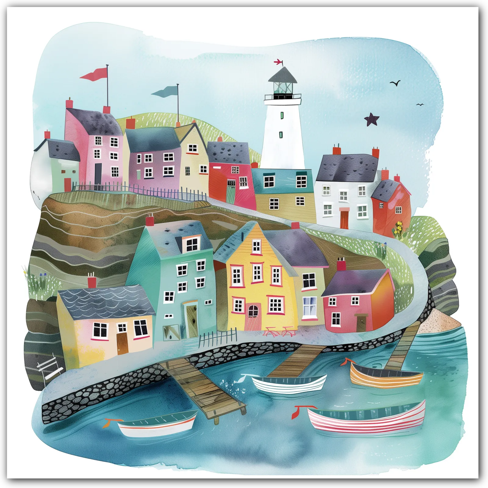 Colourful coastal village art print with lighthouse and boats.