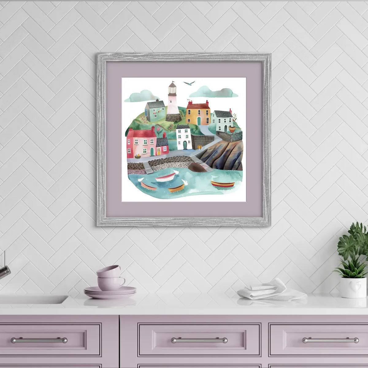 Watercolour painting of a coastal village with lighthouse, colourful houses, and boats in the harbour.