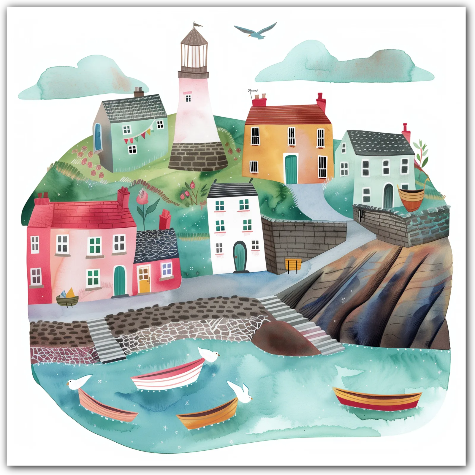 Watercolour painting of a coastal village with lighthouse, colourful houses, and boats in the harbour.