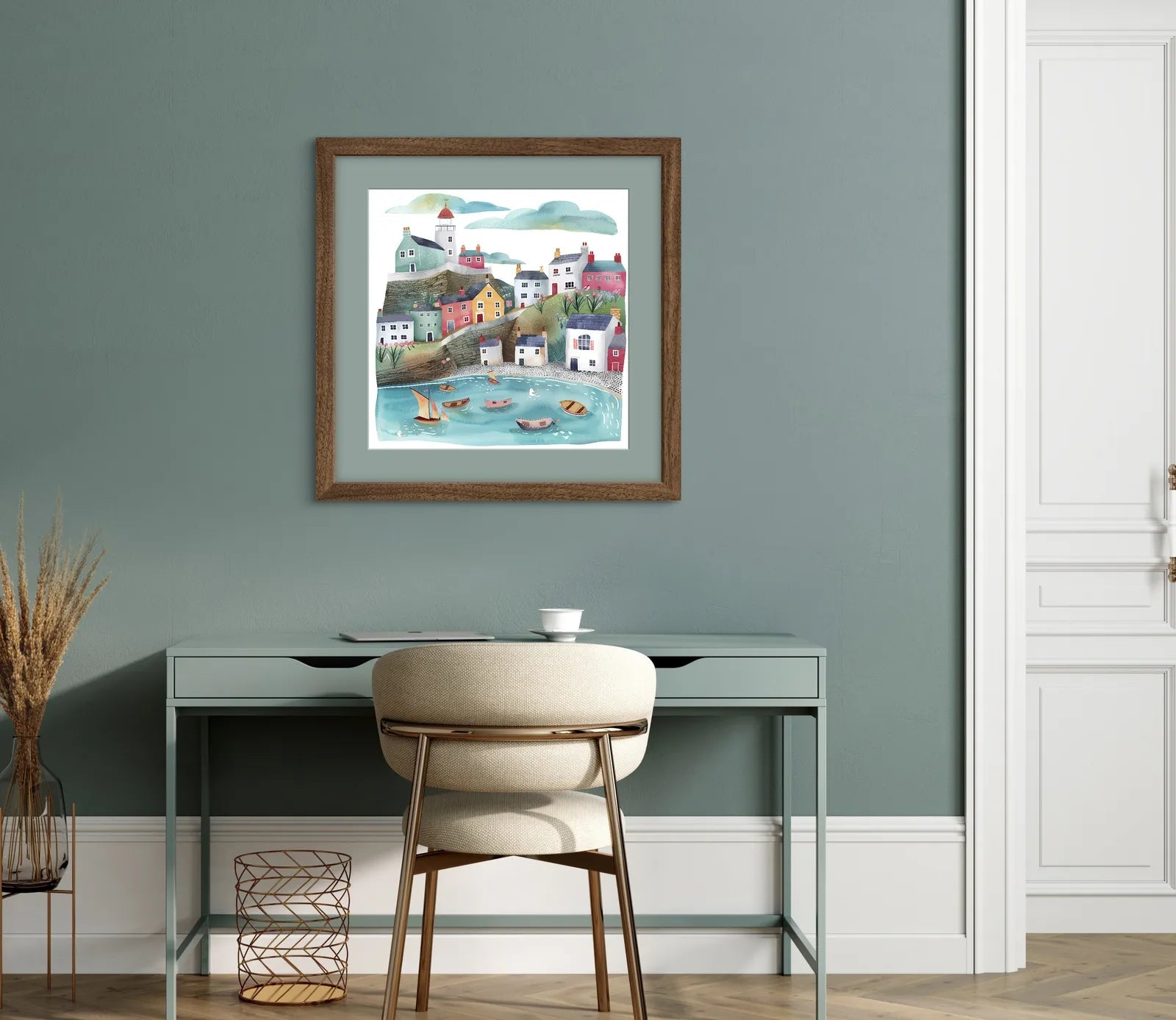 Colourful coastal village with lighthouse and boats in the sea.