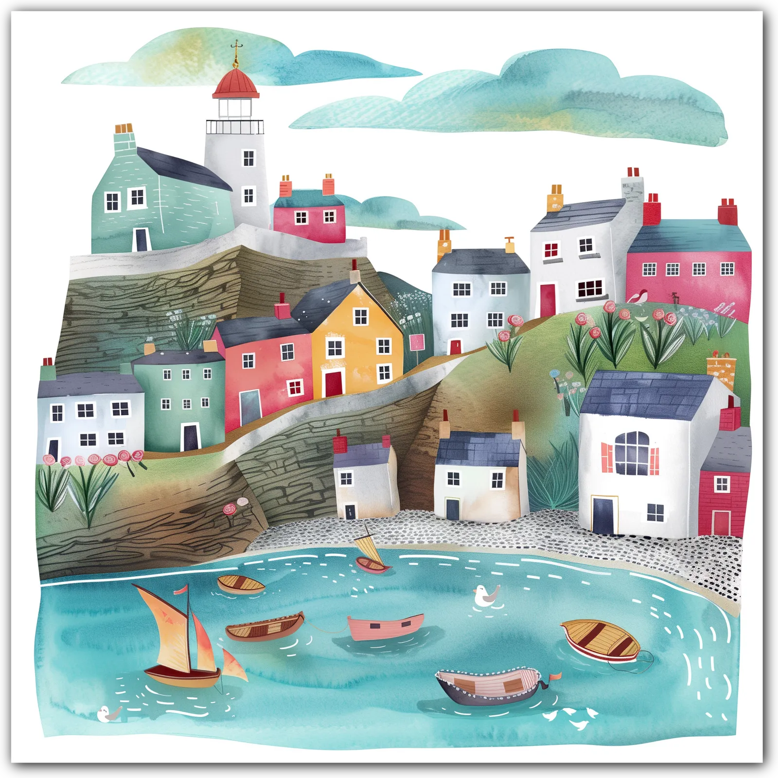 Colourful coastal village with lighthouse and boats in the sea.