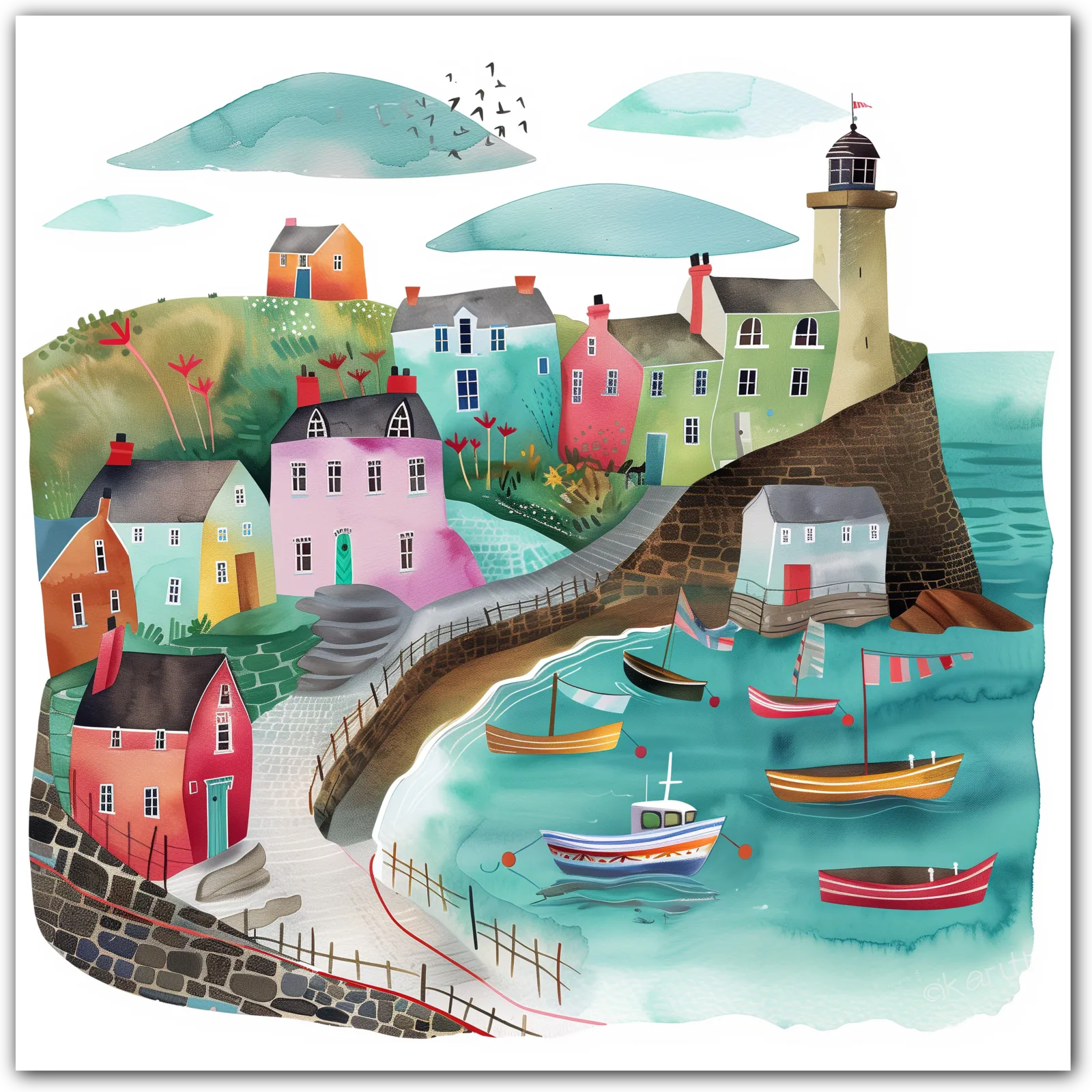 Illustration of a vibrant seaside village with colourful houses and boats in a harbour.