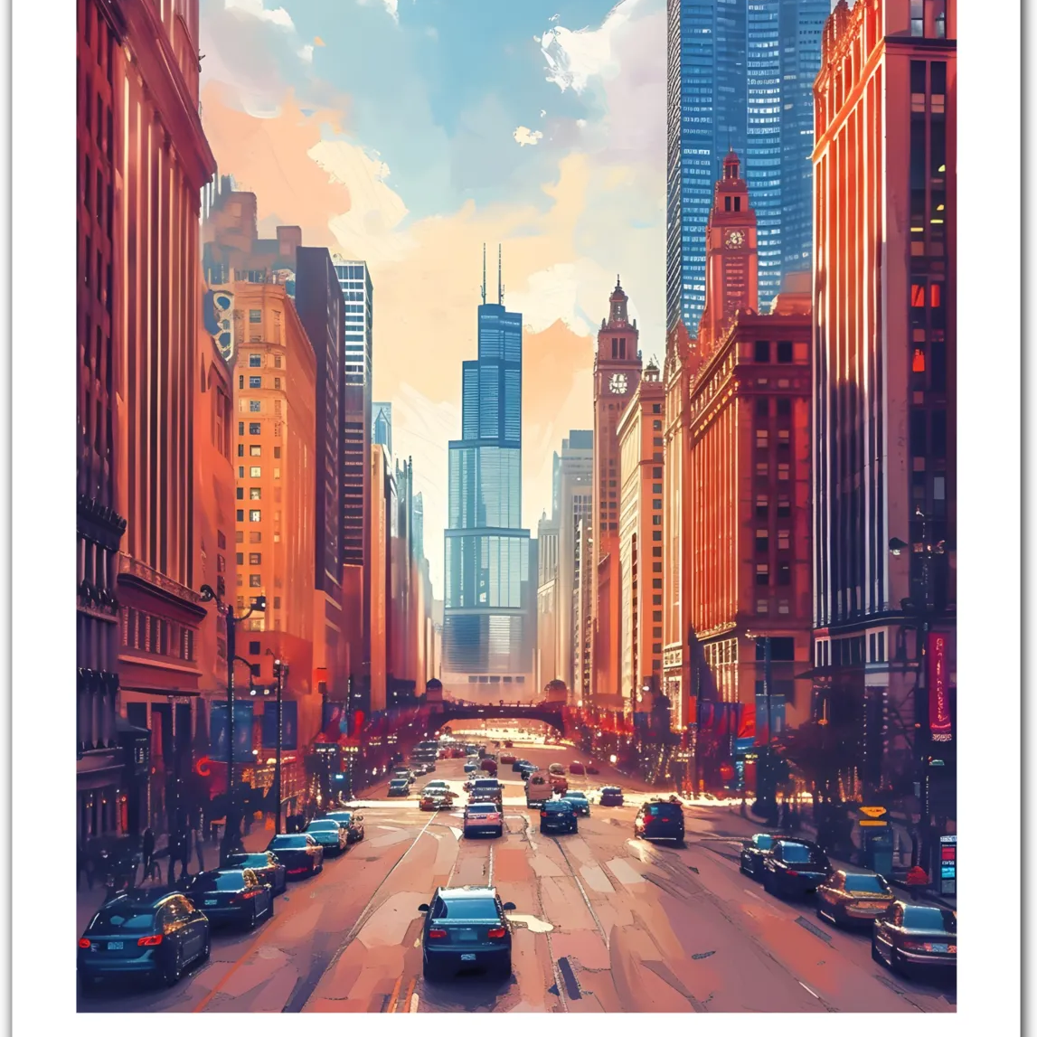 Chicago USA Art Print – Downtown Skyline and Traffic