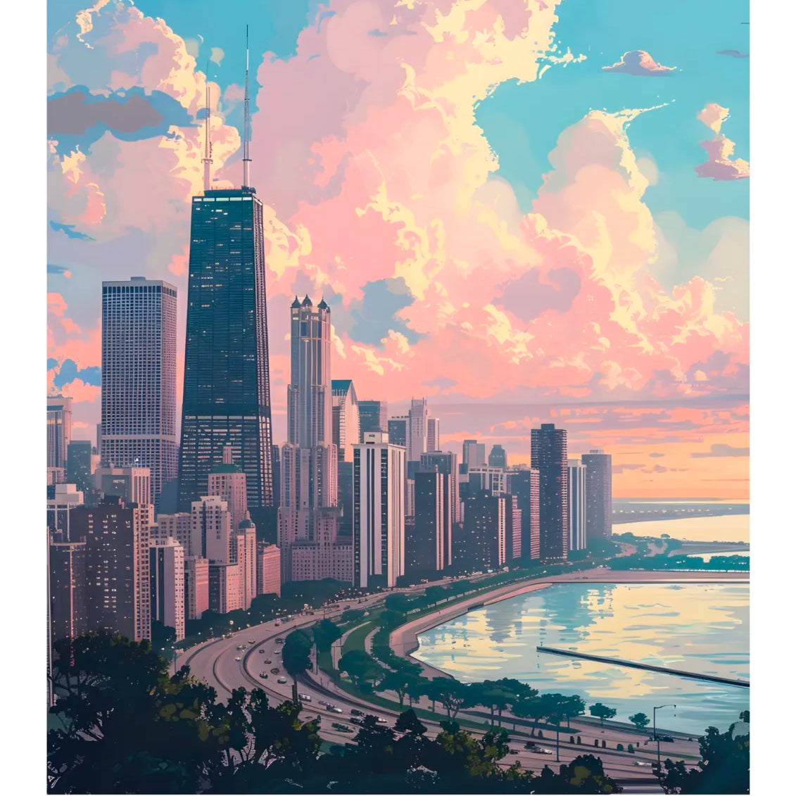 Chicago Skyline Art Print With Lake Michigan At Sunset 3