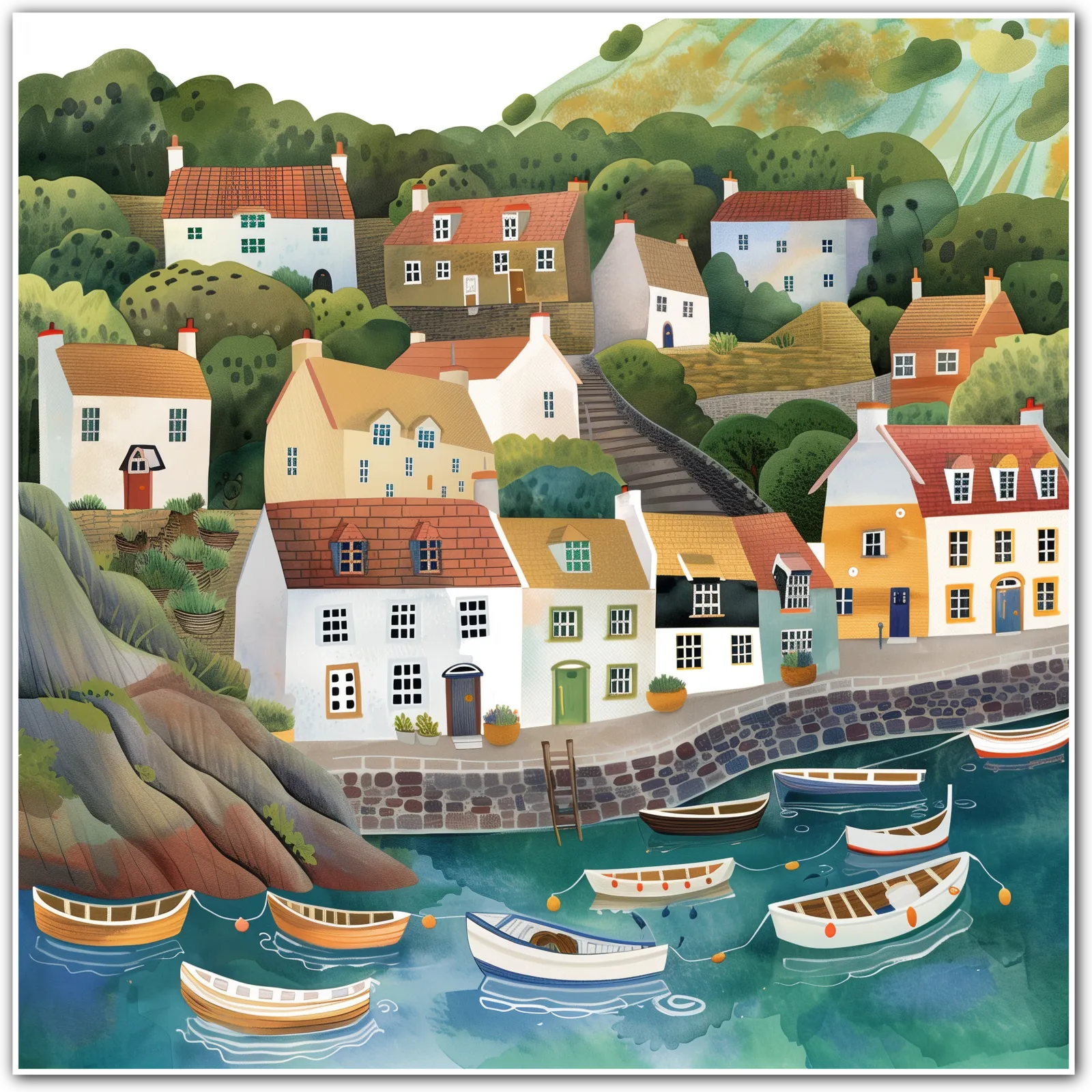 Coastal Village with Boats Art Print