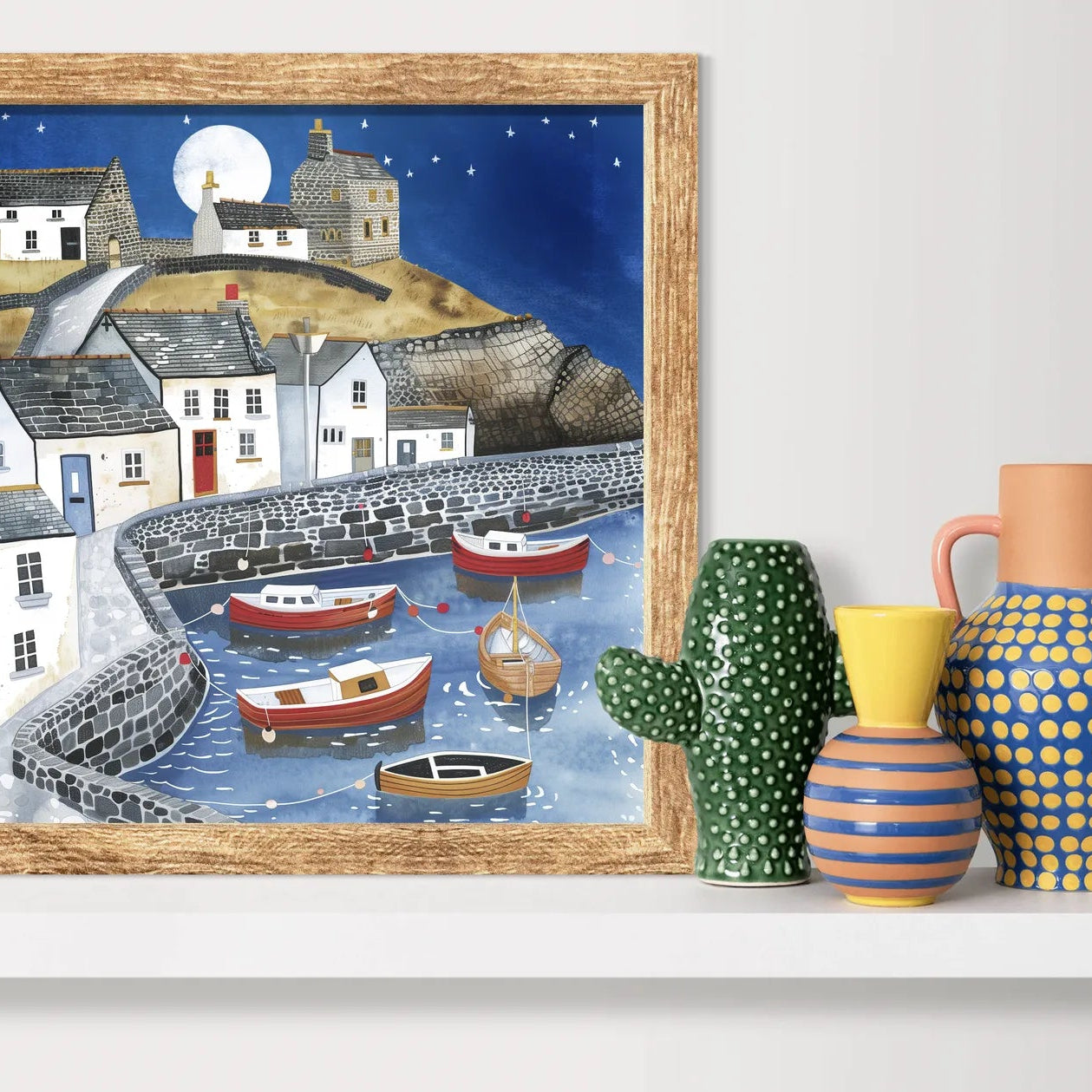 Coastal Village Moonlight Art Print