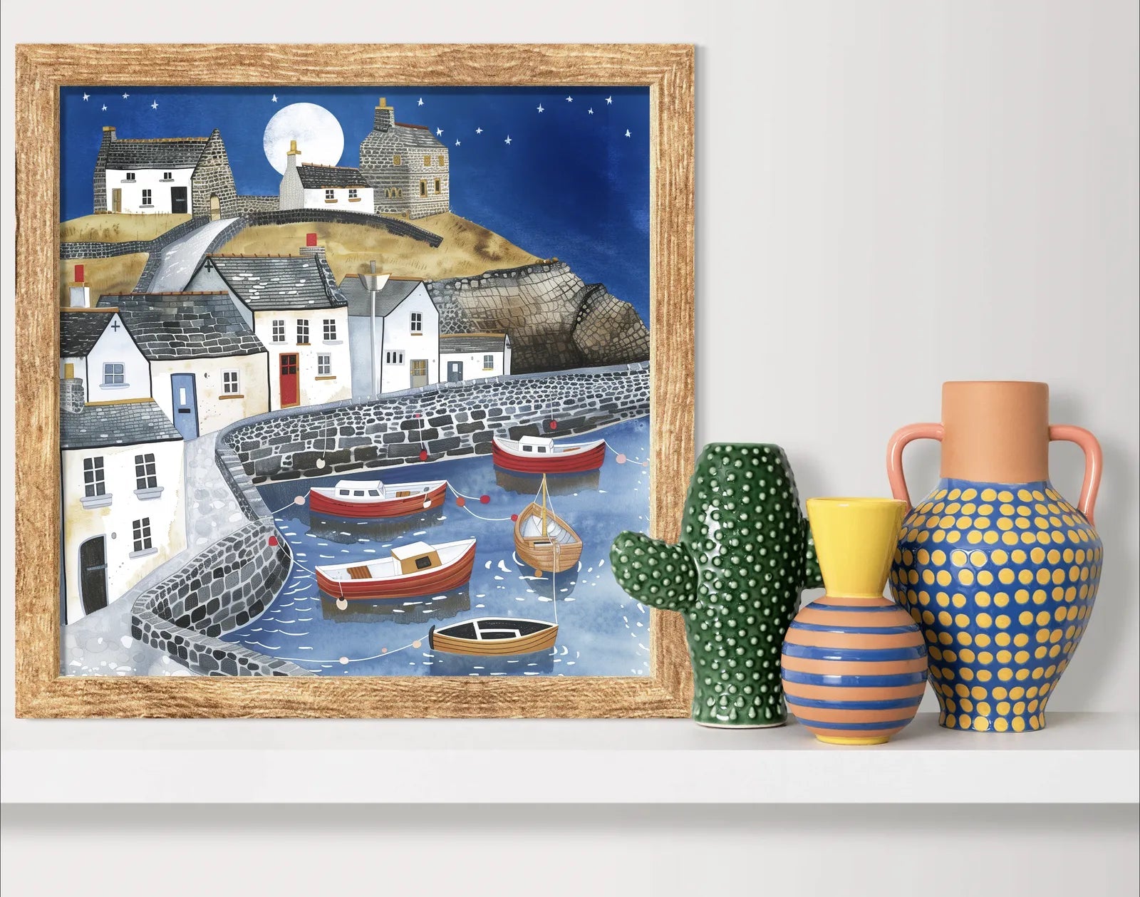 Coastal Village Moonlight Art Print