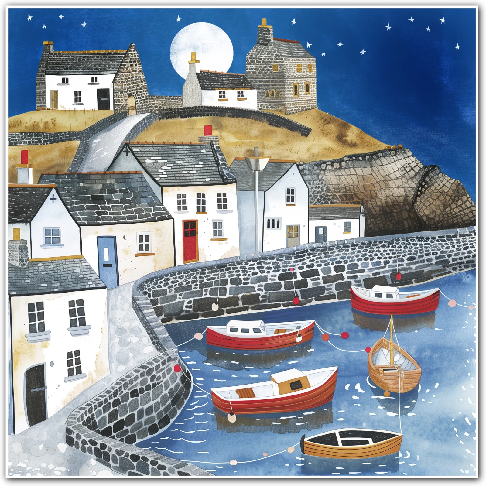 Coastal Village Moonlight Art Print