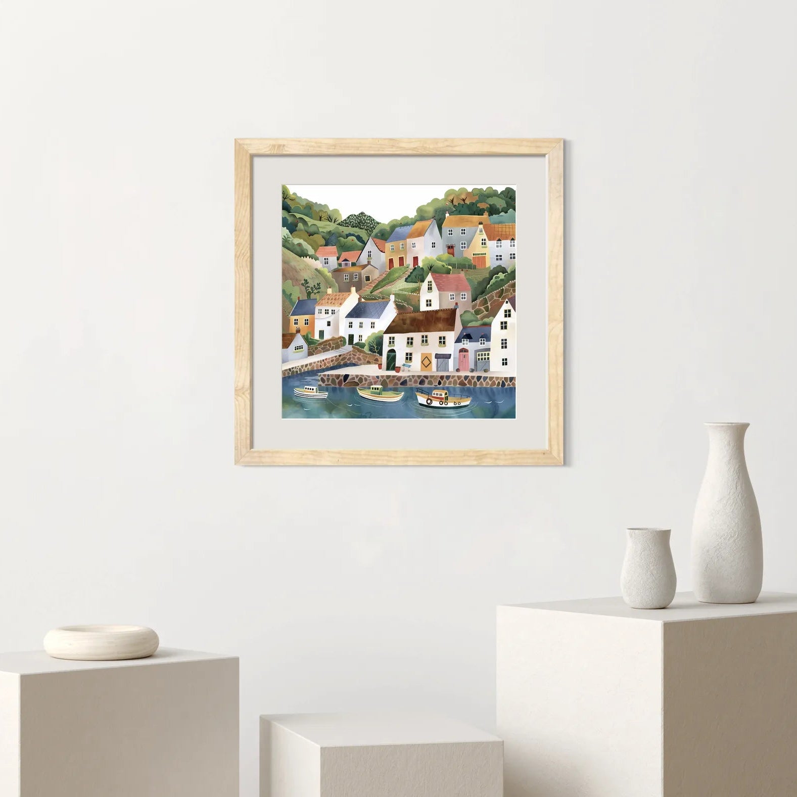Sunny Seaside Village by the Harbour Art Print