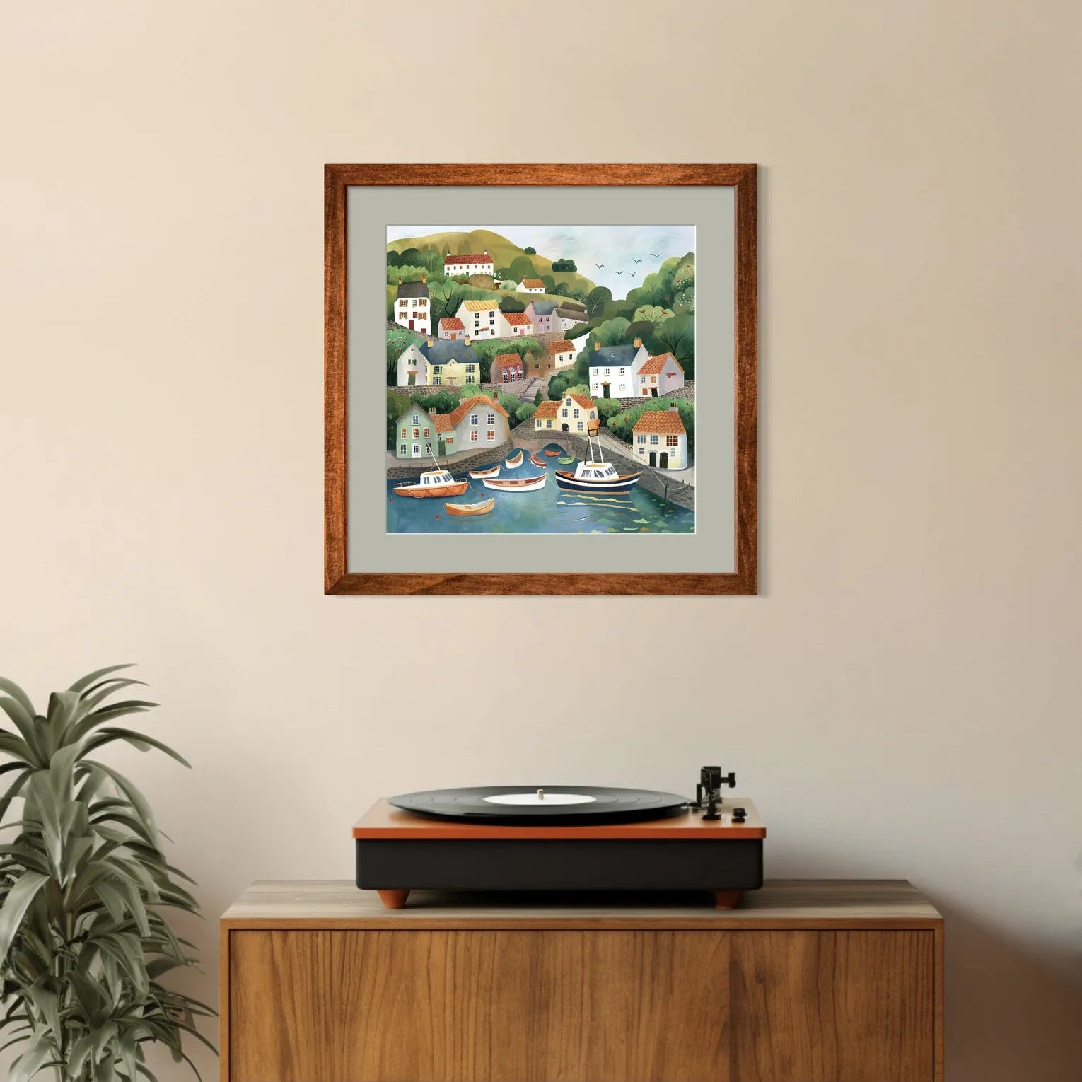 Harbour Village with Rolling Green Hills Art Print