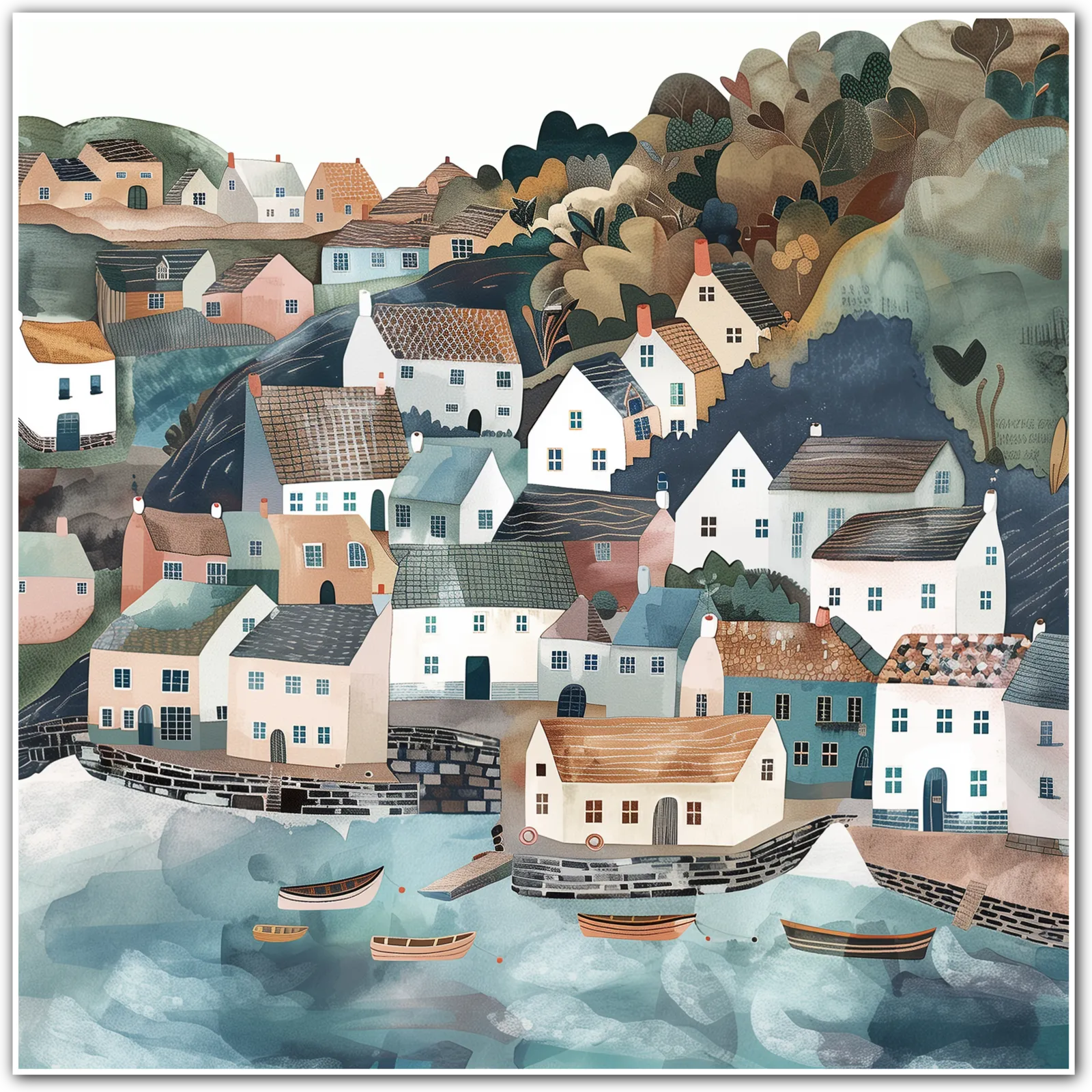 Bright Boats and Serene Seaside Village Art Print