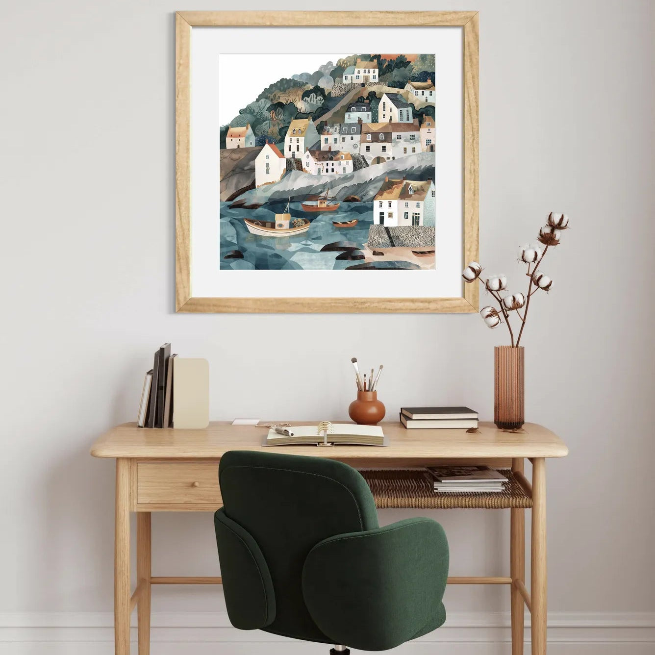 Bright Boats and Serene Seaside Village Art Print