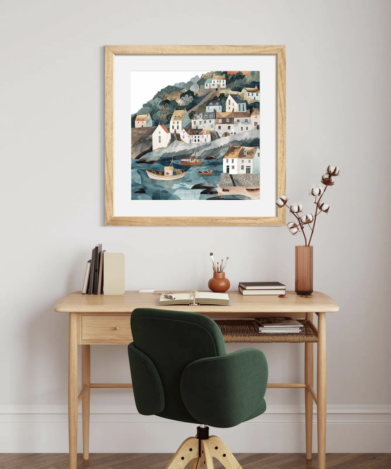 Bright Boats and Serene Seaside Village Art Print
