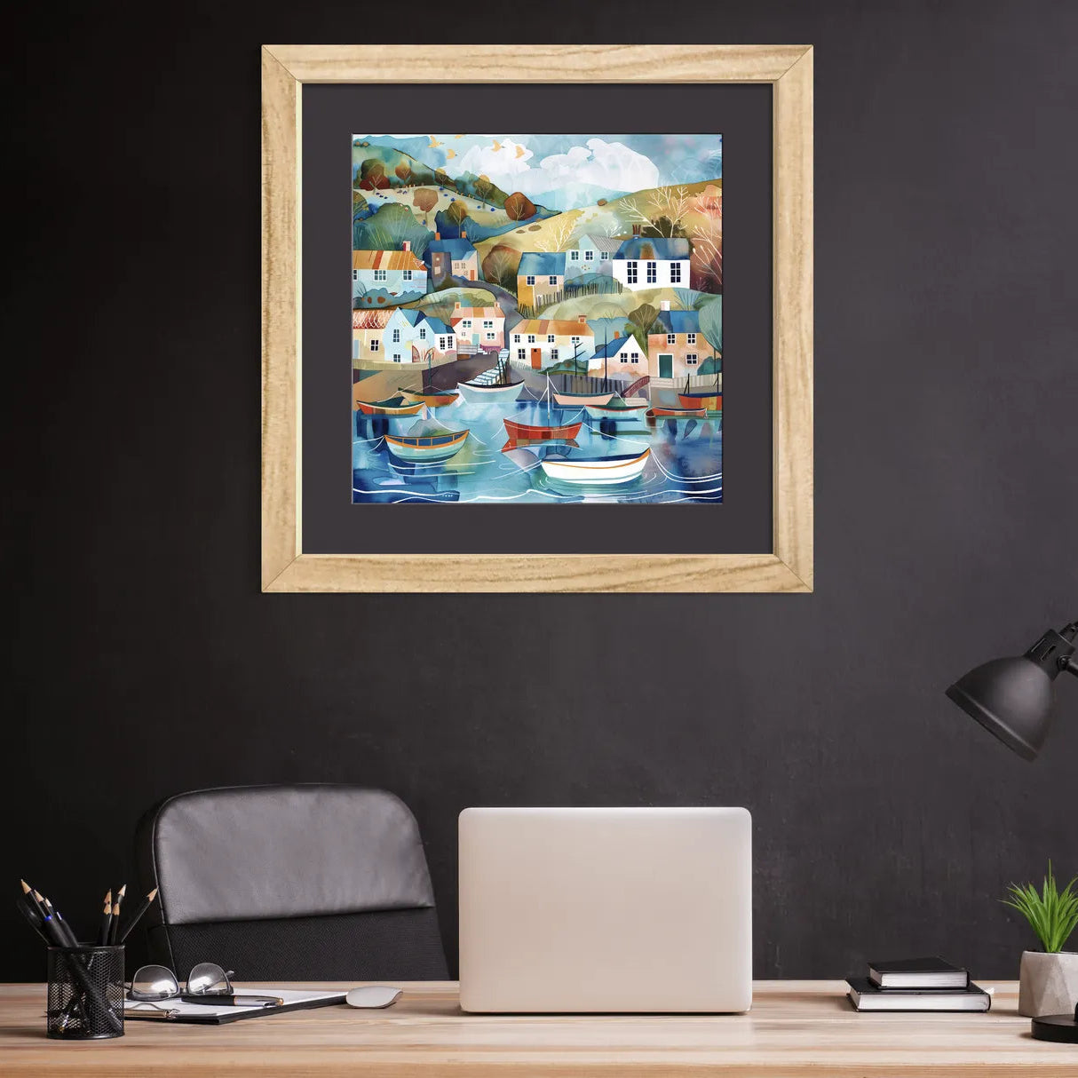 Hillside Harbour with Colourful Boats Art Print